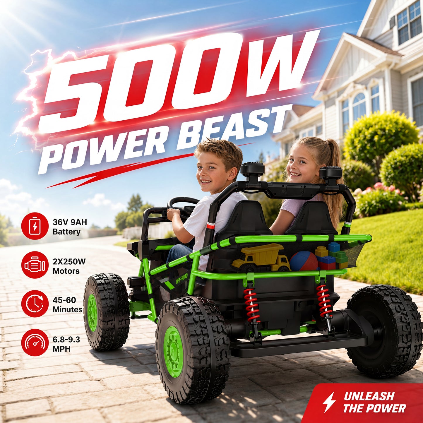 iRerts 36V Powered Ride on Toys for Big Kids, 2 Seater Ride on UTV Cars with Bluetooth, Music, 4 Wheels Spring Suspension, Kids Car Electric Ride on Vehicles for Boys Girls Ages 6+, Green