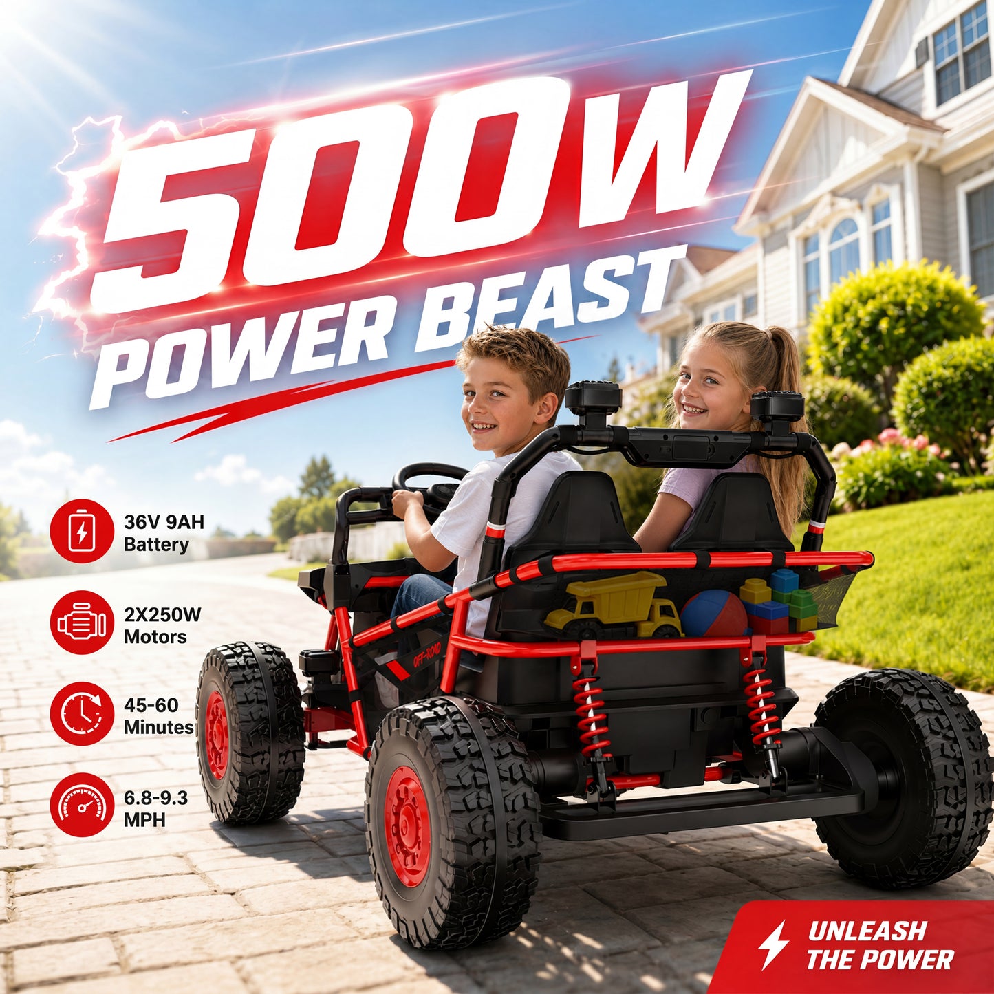 iRerts 36V Powered Ride on Toys for Big Kids, 2 Seater Ride on UTV Cars with Bluetooth, Music, 4 Wheels Spring Suspension, Kids Car Electric Ride on Vehicles for Boys Girls Ages 6+, Red