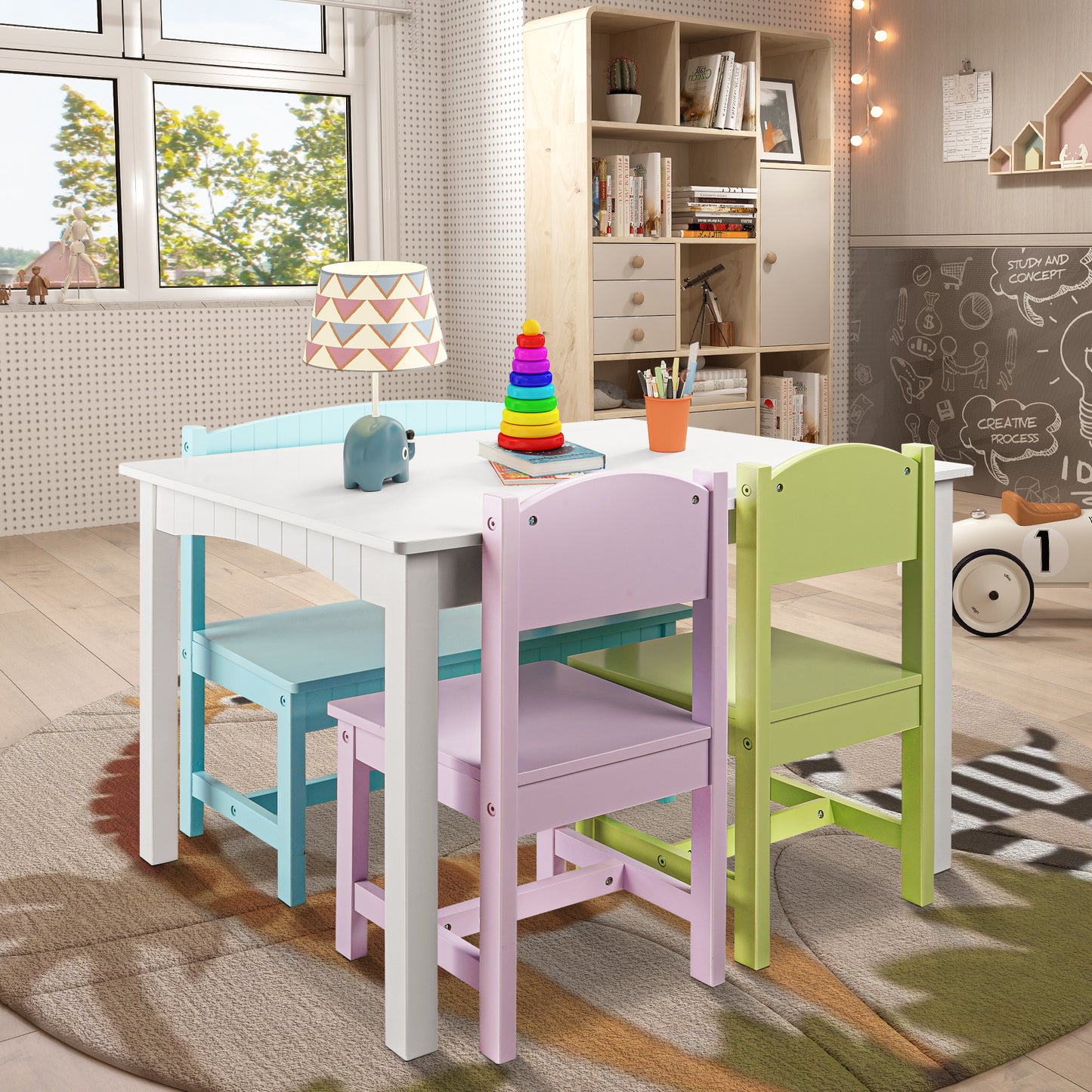 iRerts Kids Table and Chairs Set 5 Piece, Wooden Table and 4 Chairs with Storage Function for Children Toddler, Gray and White