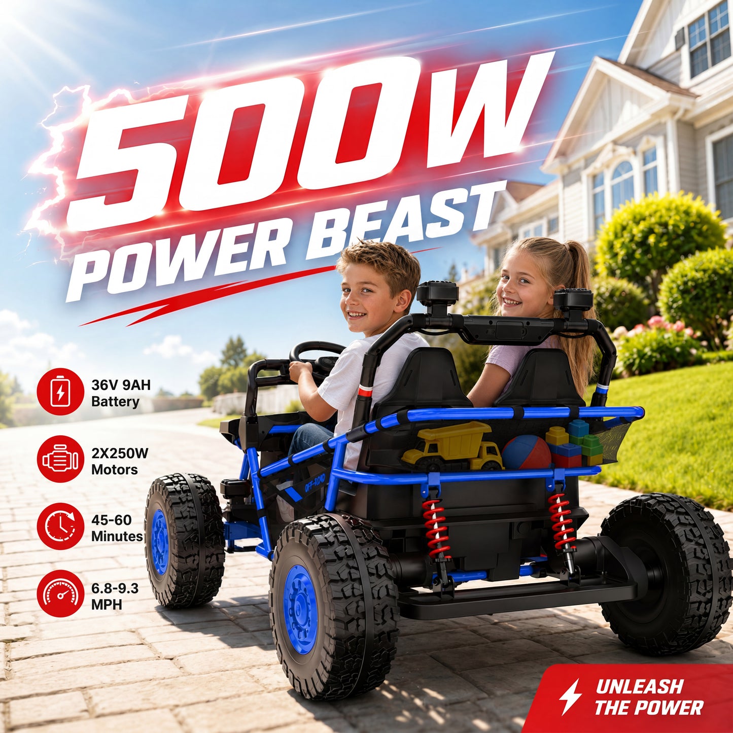 iRerts 36V Powered Ride on Toys for Big Kids, 2 Seater Ride on UTV Cars with Bluetooth, Music, 4 Wheels Spring Suspension, Kids Car Electric Ride on Vehicles for Boys Girls Ages 6+, Blue