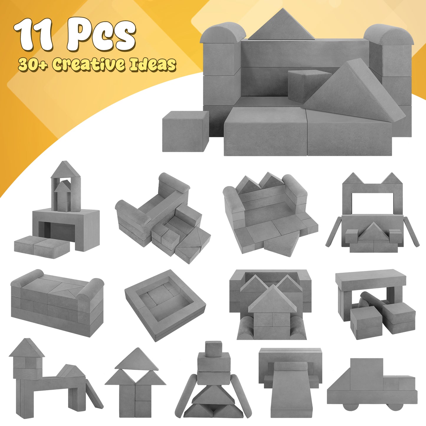 Modular Kids Play Couch, 12 Pcs Modular Sectional Sofa for Playroom Bedroom Floor, Convertible Form Couch Set for Tollders Children 1-3 Years Old, Imagination& Relaxation
