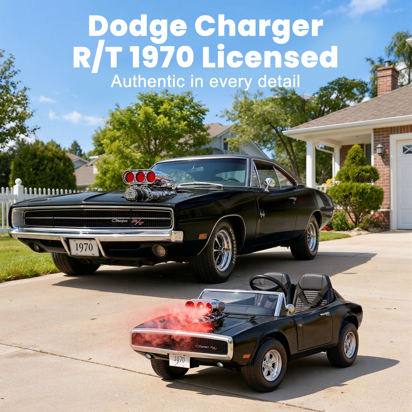Dodge 24V 2 Seater Ride on Car with Remote Control/Bluetooth, Dodge Charger R/T 1970 Battery Powered Ride on w/4-Wheel Suspension, Electric Car for Kids Toddler