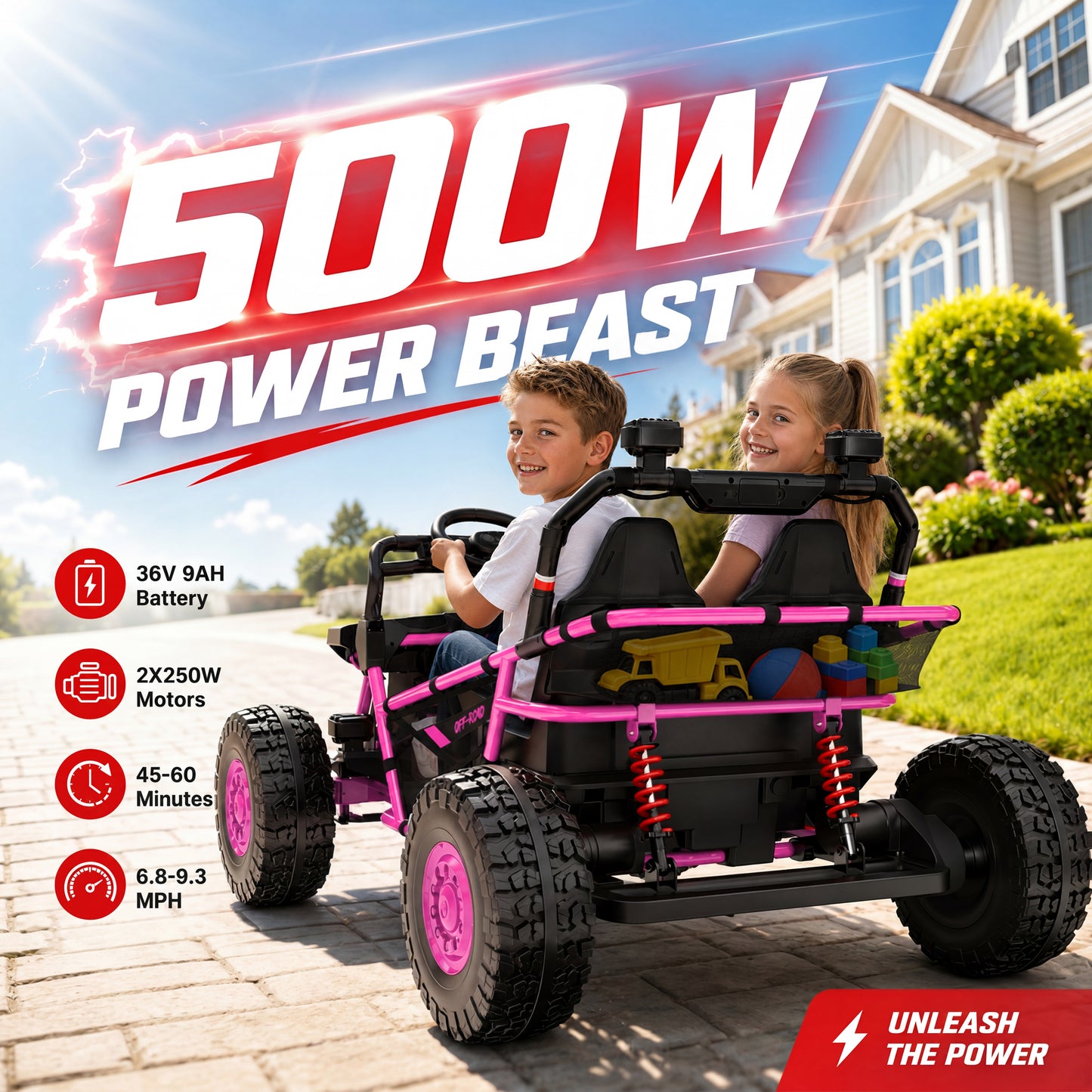 iRerts 36V Powered Ride on Toys for Big Kids, 2 Seater Ride on UTV Cars with Bluetooth, Music, 4 Wheels Spring Suspension, Kids Car Electric Ride on Vehicles for Boys Girls Ages 6+, Pink