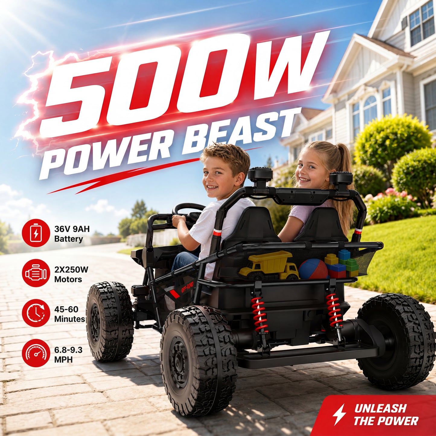 iRerts 36V Powered Ride on Toys for Big Kids, 2 Seater Ride on UTV Cars with Bluetooth, Music, 4 Wheels Spring Suspension, Kids Car Electric Ride on Vehicles for Boys Girls Ages 6+, Black