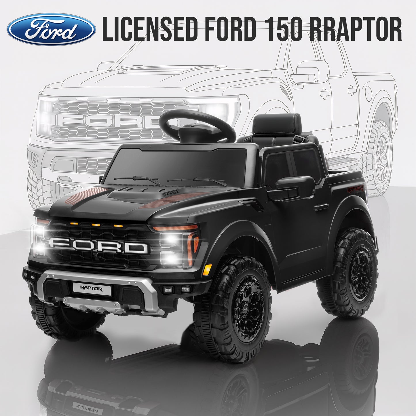 12V Ride on Cars with Remote Control, Licensed Ford F 150 Raptor Powered Ride on Toys with Bluetooth, Radio, LED Light, 4 Wheels Suspension, Kids Cars Electric Vehicles for Boys Girls Ages 3-6, Black