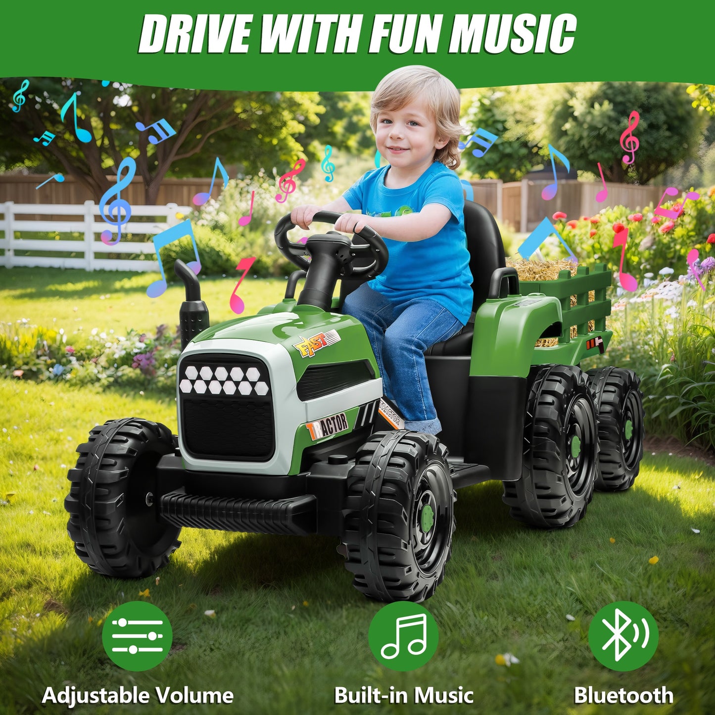 Powered Ride on Toy Tractor, 24V Kids Ride on Car with Remote Control, Electric Vehicles for Kids Toddlers 3-6 Years with 3 Speeds, Bluetooth, Music Player, LED Light, Rear Wheel Suspension, Emerald