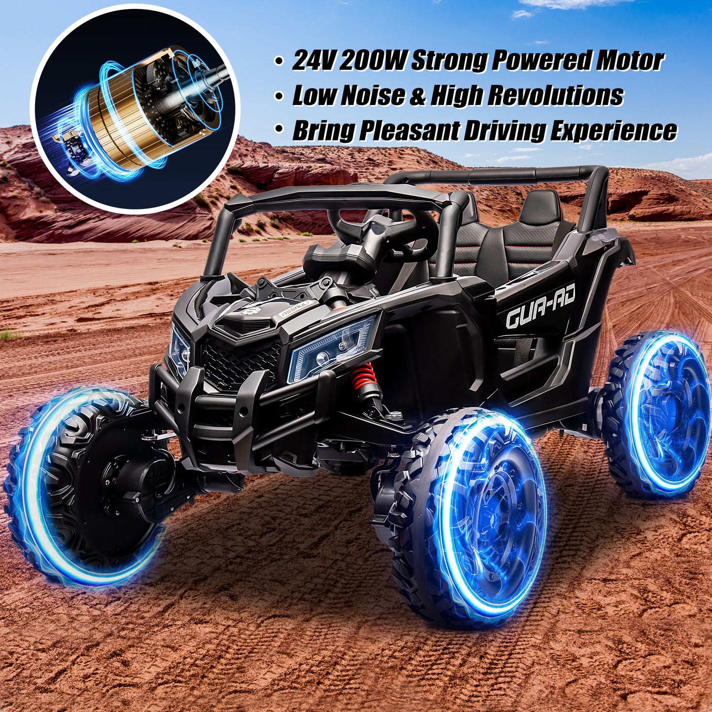 iRerts Black 24V Battery Powered Ride on UTV Cars for Boys Girls, Kids Ride on Toys with Remote Control, Music, LED Light, USB, Bluetooth, Large Seat Kids Electric Vehicle for Christmas Birthday Gifts