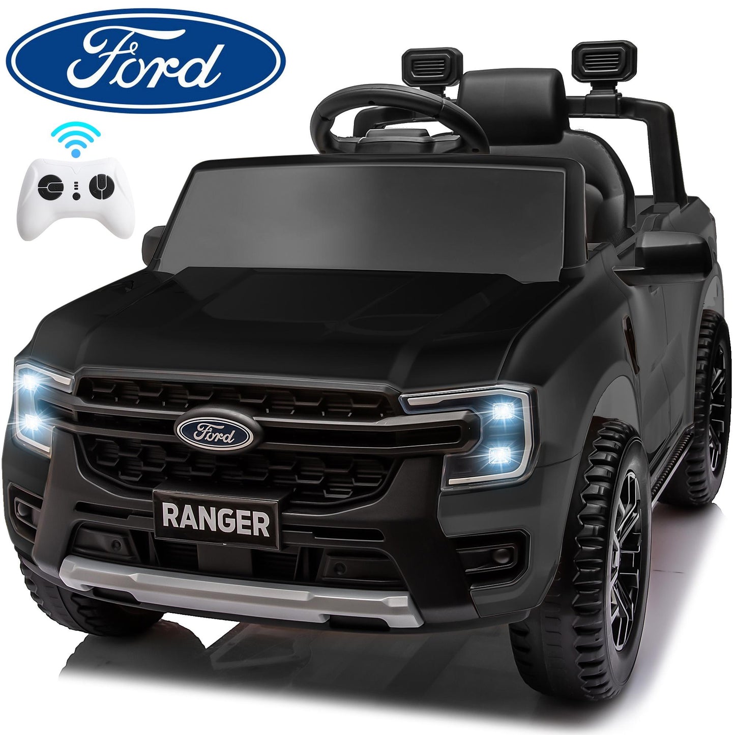 iRerts Black 12V Ford Ranger Powered Ride on Car with Remote Control, Kids Electric Car for Boys Girls 3-6 Ages, Kids Ride on Toys with Bluetooth, Music, USB Port, Horn, LED Lights