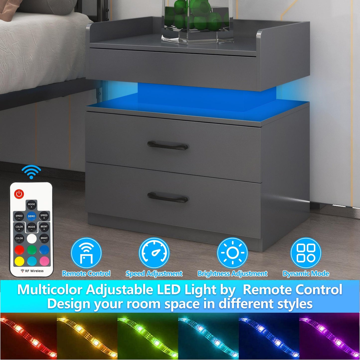 iRerts Bedside Table with Charging Station, Wood High Gloss Nightstand for Bedroom with Plug Outlet, 2 USB Ports, 2 Drawers, 16 LED Lights, Modern Night Stands End Side Table for Bedroom Office, Gray