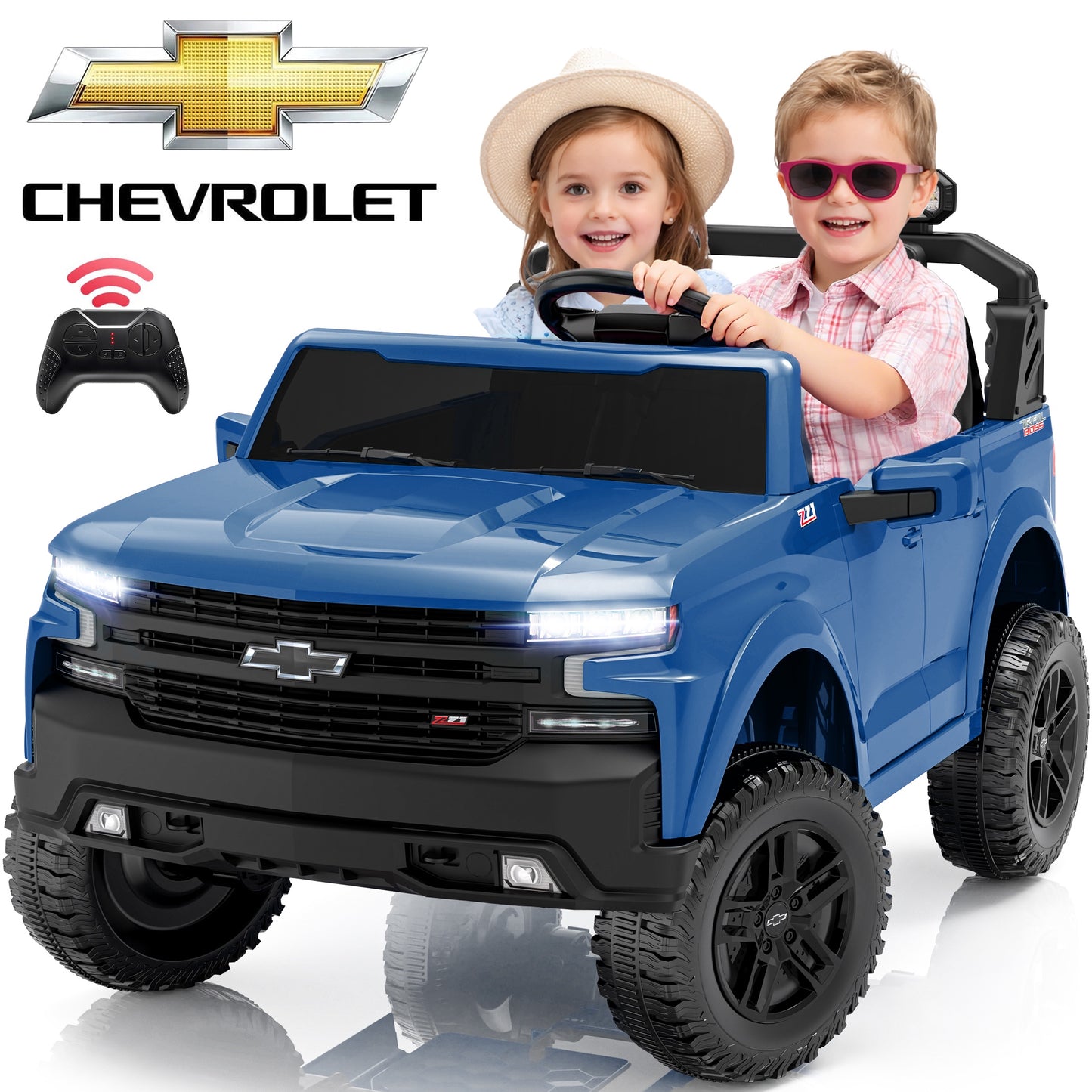 24V Powered Ride on Toys Car, Licensed Chevrolet Silverado 2 Seater Ride on Cars with Remote Control, Spring Suspension, LED Lights, Bluetooth Music, Toddler Electric Car for Kids Ages 3+, Blue
