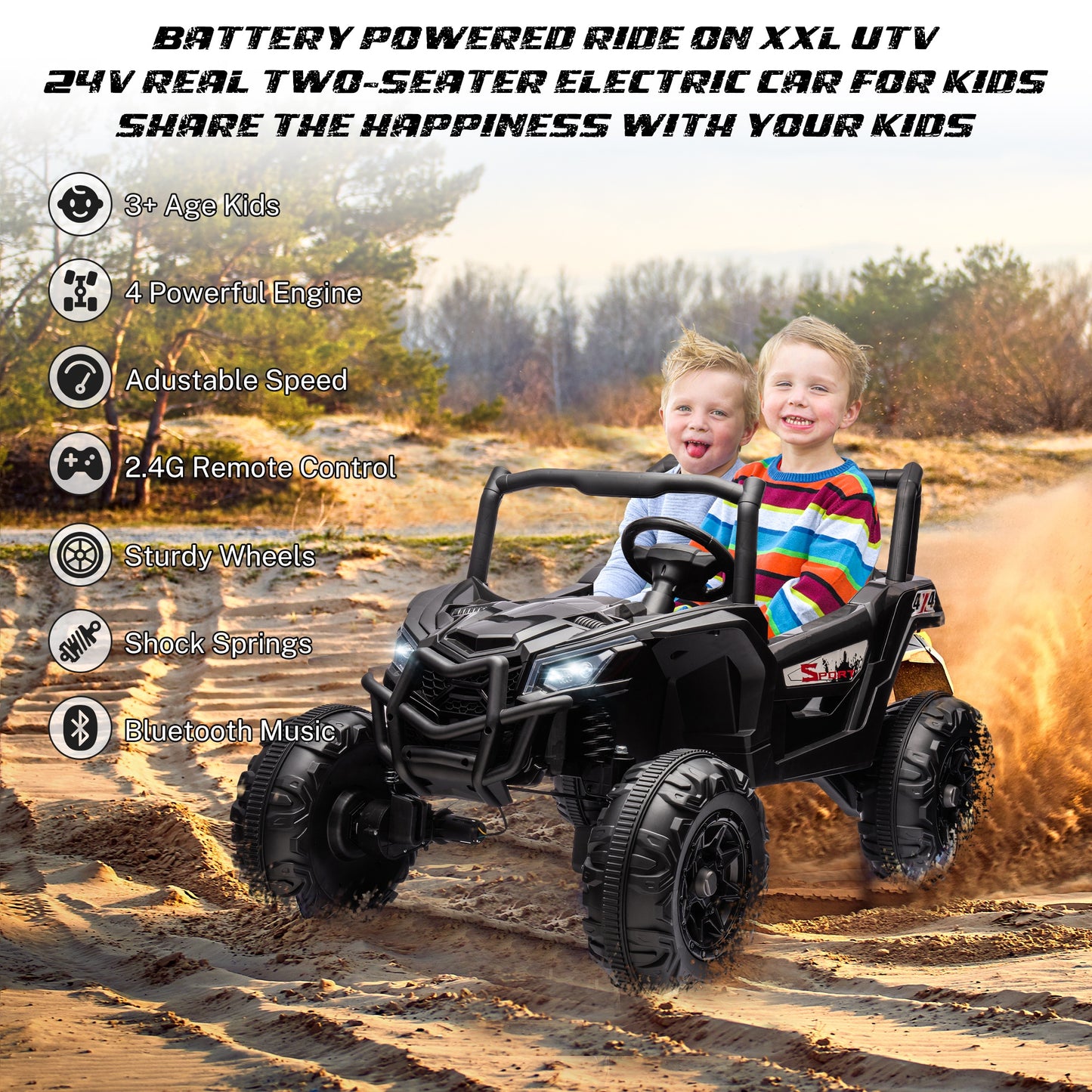 iRerts 24V Ride on UTV Cars 2 Seater, Kids Electric Ride on Toy Car with Remote Control, Music, LED Light, USB, Bluetooth, Kids Electric Vehicle for Christmas Birthday Gifts, Black
