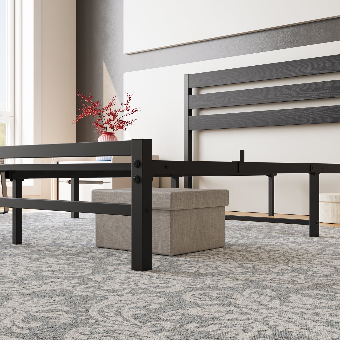 iRerts Queen Bed Frame with Headboard, Metal Platform Bed Frame No Box Spring Needed, Bed Frame Queen Size with Metal Support,  Noise-Free, Under Bed Storage, Easy Assembly, Black