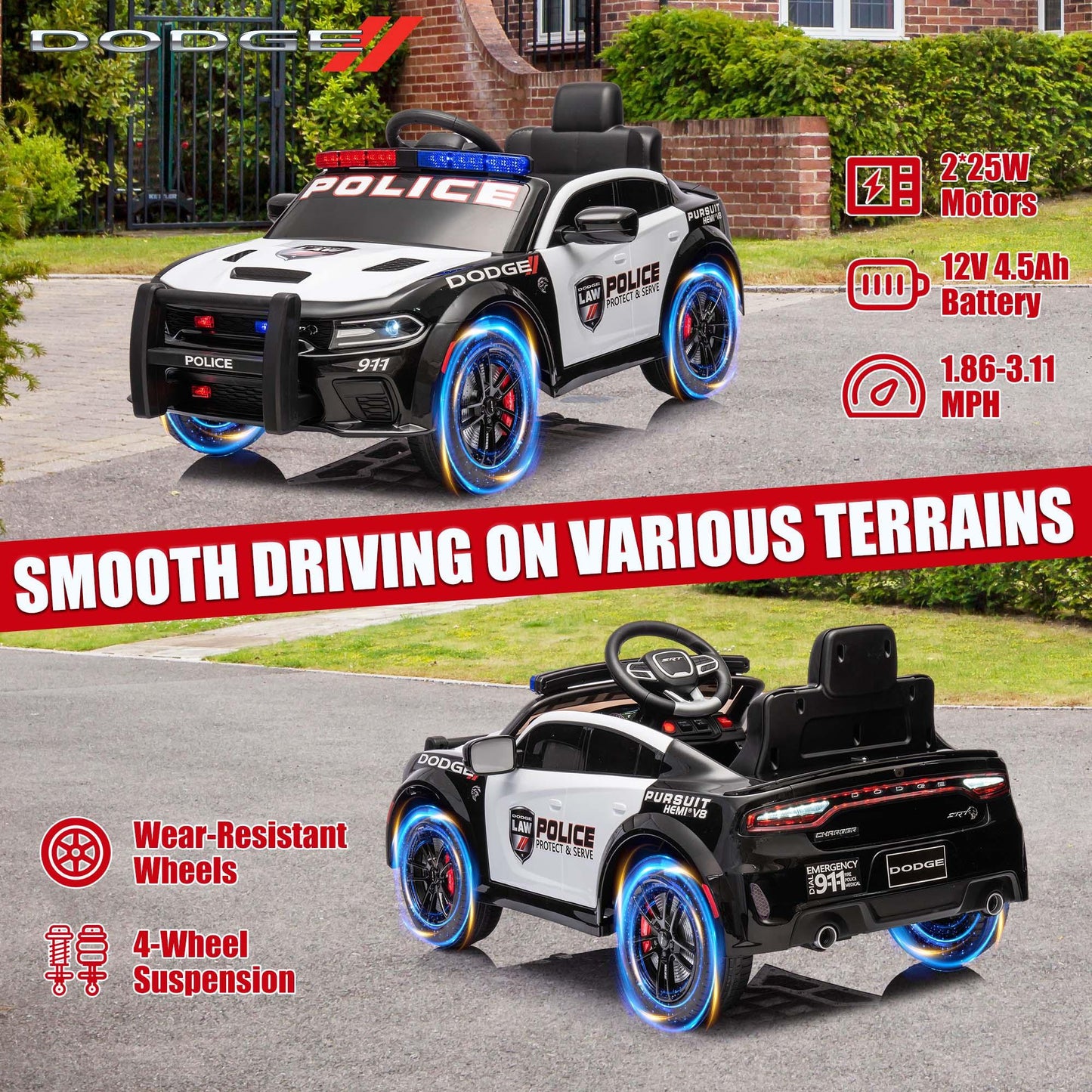 Dodge Charger 12V Ride on Police Cars, Battery Powered Ride on Toy Car with Remote Control for Boys Girls Gifts, Electric Car for Kids with Bluetooth, Music Player, LED Lights, 3 Speeds, White