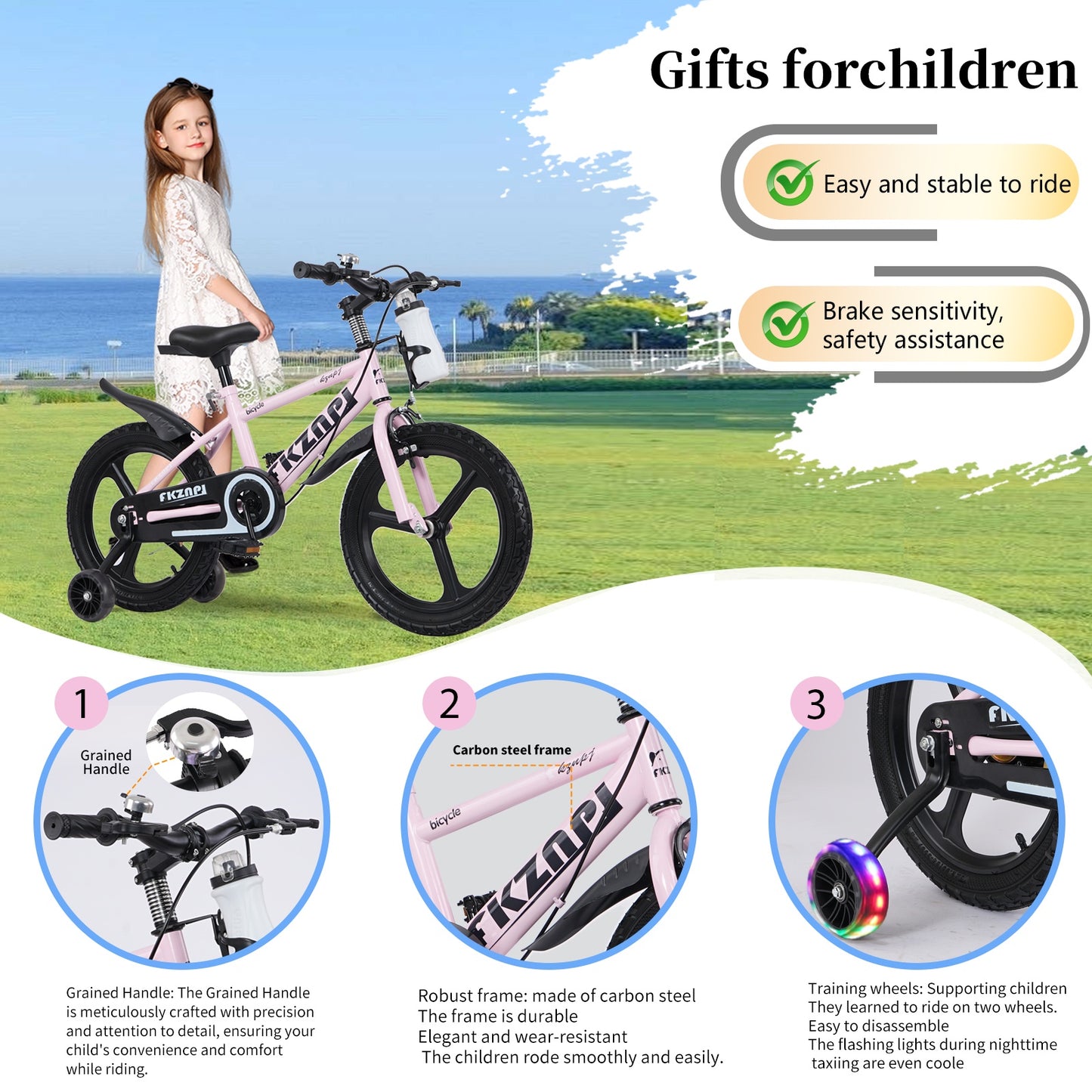 iRerts Kids Bike, 18 Inch Kids Bicycle for Boys Girls Ages 3-7, Toddlers Bike with Water Bottle Holder, Training Wheels with Night Glow, Adjustable Seat, Pink