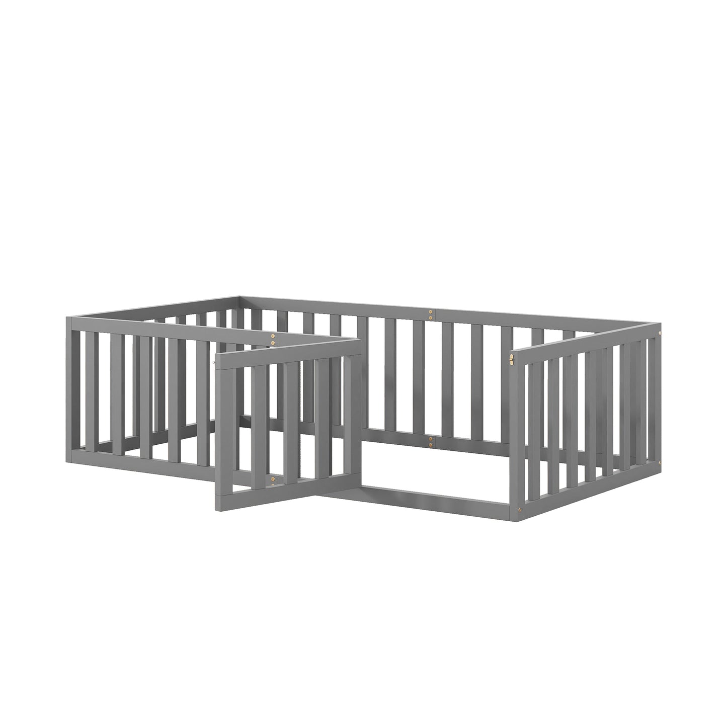iRerts Twin Floor Bed Frame for Kids Toddlers, Wood Montessori Low Floor Twin Size Bed Frame with Fence Guardrail and Door, kids Twin Bed for Boys Girls, Spring Needed, Gray