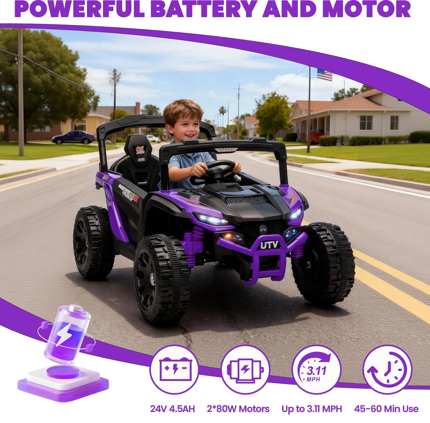 iRerts 24V Powered Ride on Car UTV, Kids Ride on Toys with Remote Control, Bluetooth, Music, 4 Wheels Suspension, LED Light, Kids Car 4 Wheeler Electric Vehicles for Boys Girls Ages 3-5 Gifts, Purple