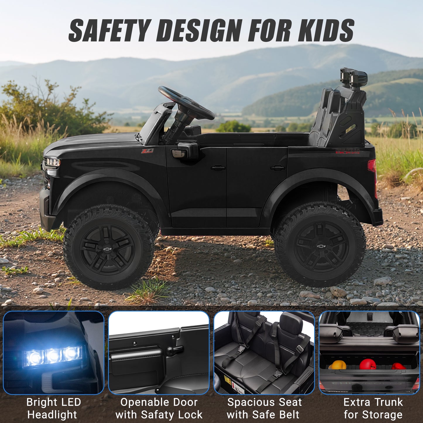 24V Powered Ride on Toys Car, Licensed Chevrolet Silverado 2 Seater Ride on Cars with Remote Control, Spring Suspension, LED Lights, Bluetooth Music, Toddler Electric Car for Kids Ages 3+, Black