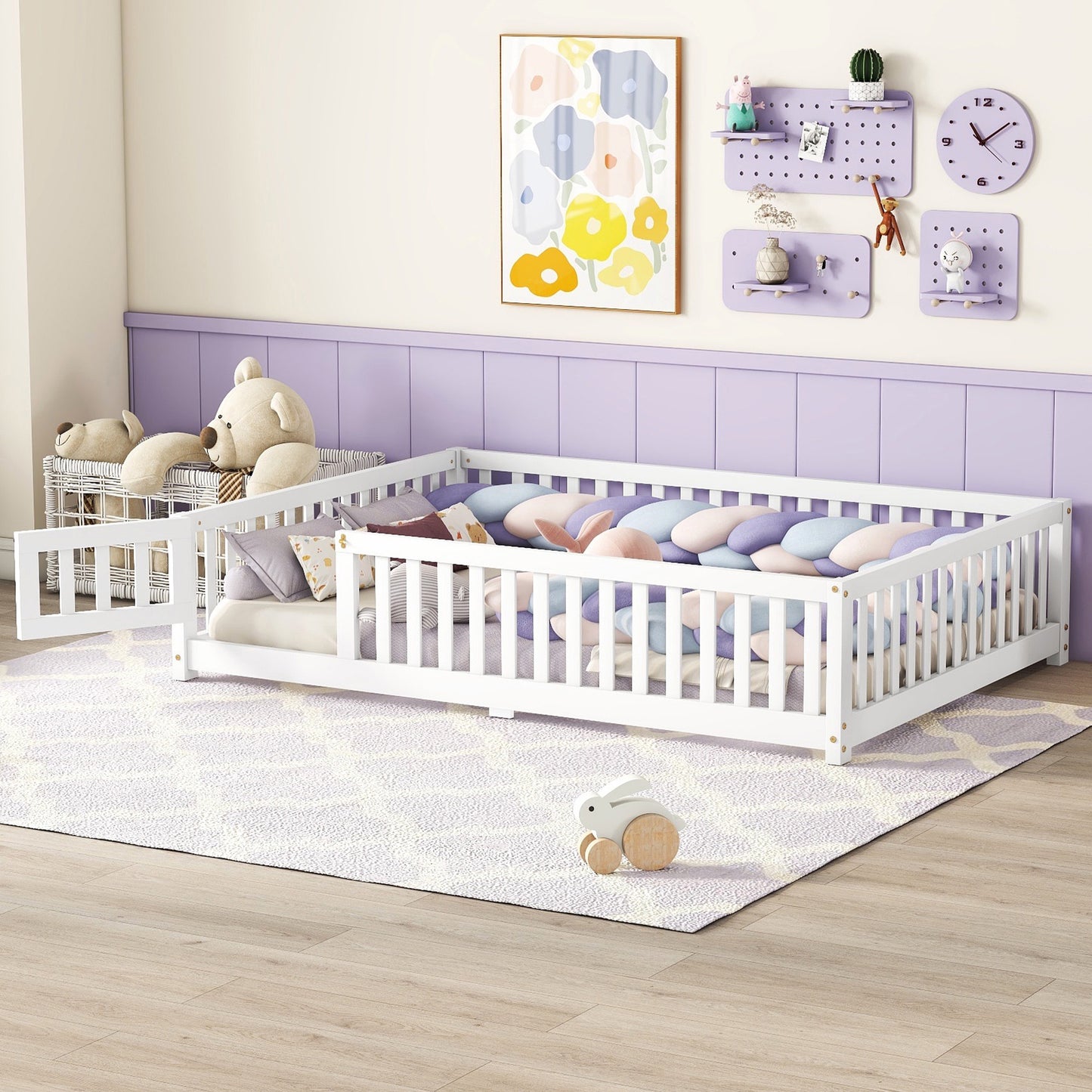 iRerts Full Floor Bed Frame for Toddlers Kids, Wood Full Montessori Bed Frame with Slats, Fence, Door, Kids Montessori Bed Full Size, Full Toddler Bed Frame for Boys Girls, White
