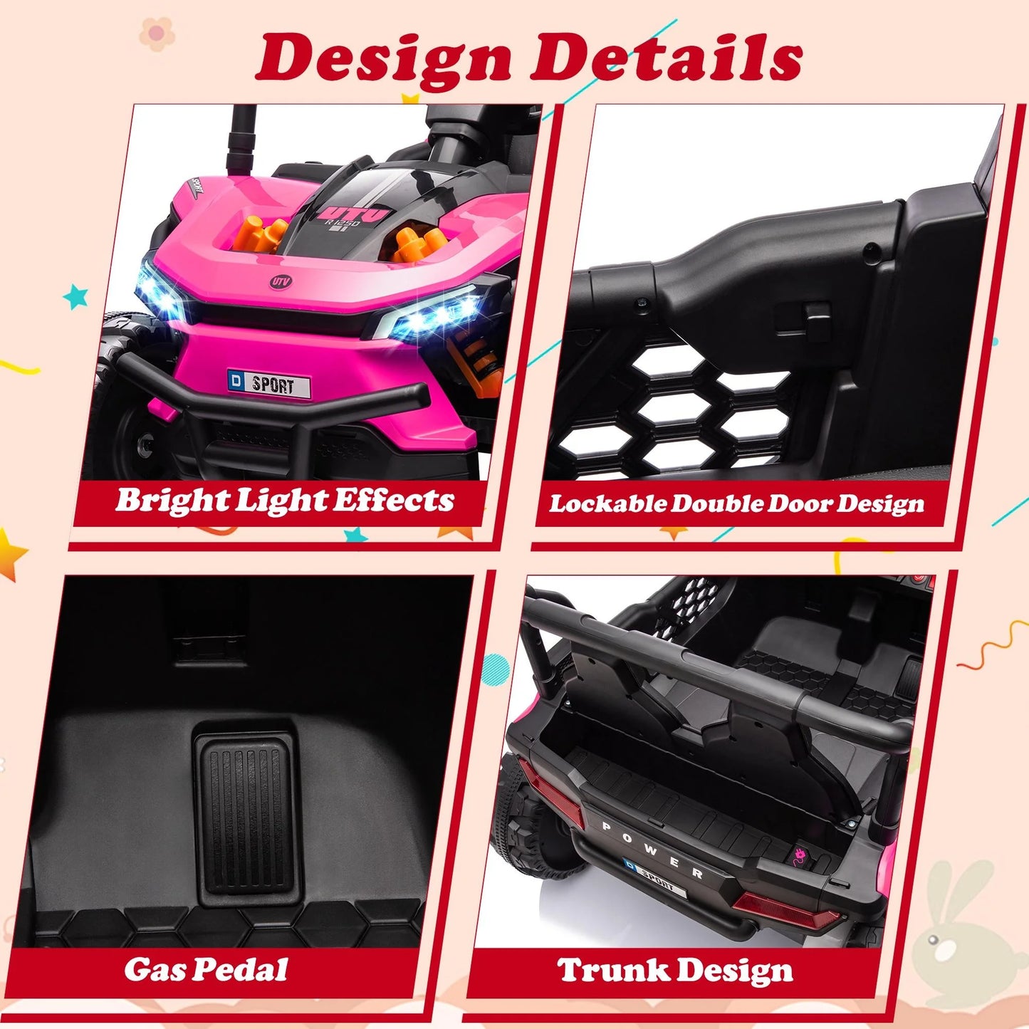 12V Ride on UTV Cars for Kids, Battery Powered Ride on Toys with Remote Control, Bluetooth, MP3 Player, LED Headlights, Safety Belt, 4 Wheeler Suspension, Electric Car for Kids 3-6 Boys Girls, Pink