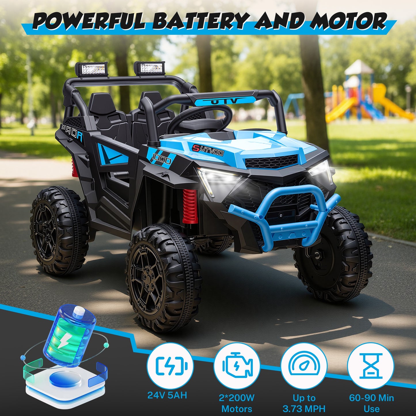24V Powered Ride on Toys, iRerts Electric Ride on UTV with Remote Control, Four-Wheel Suspension, LED Lights, Bluetooth Music, Ride on Cars Vehicle for Kids Ages 3-6, Blue