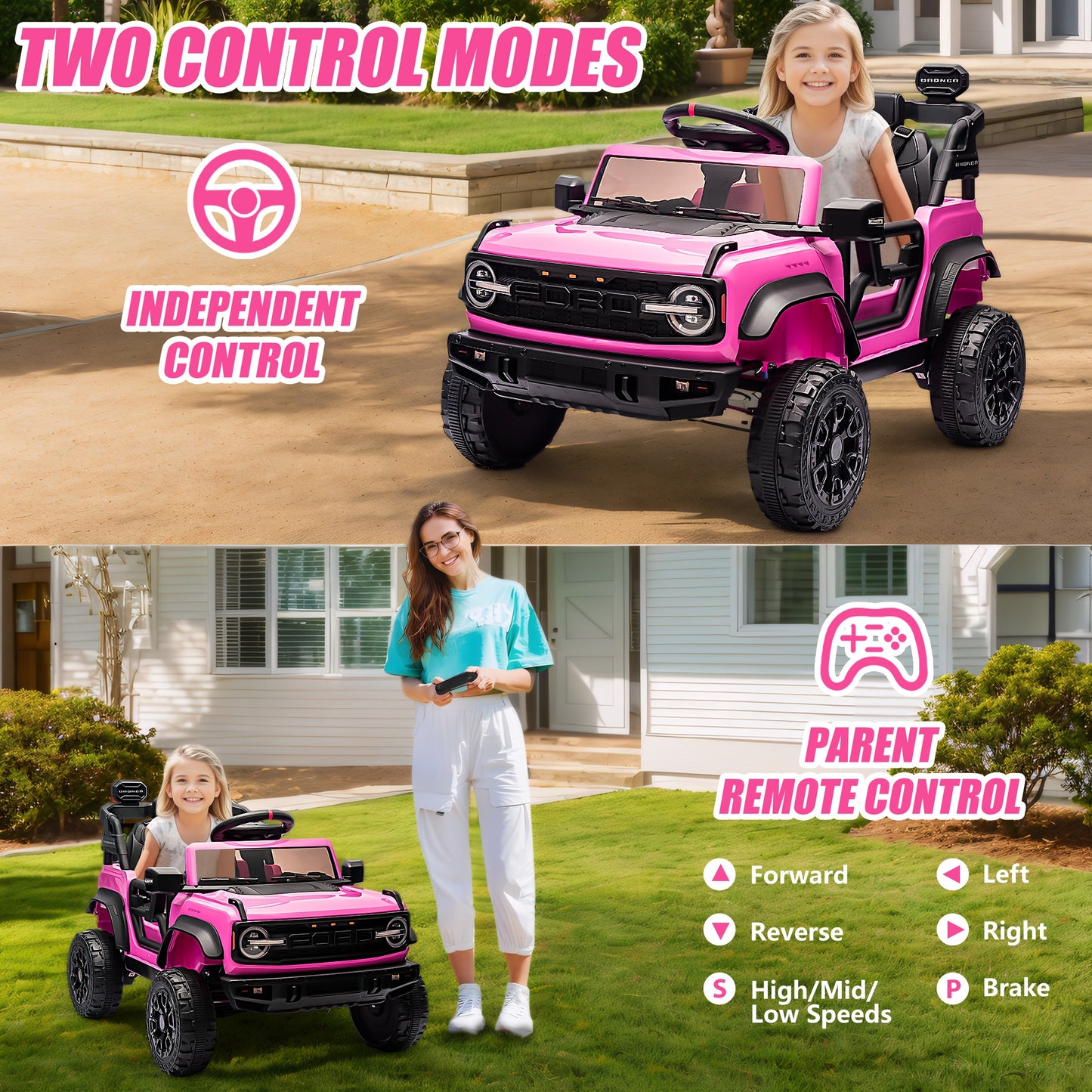 12V Powered Ride on Car, Ford Bronco Raptor Ride on Toys with Remote Control, Battery Powered Ride on Trucks with Bluetooth Music, LED Light, Kids Car Electric Vehicle for Boys Girls Gifts, Pink