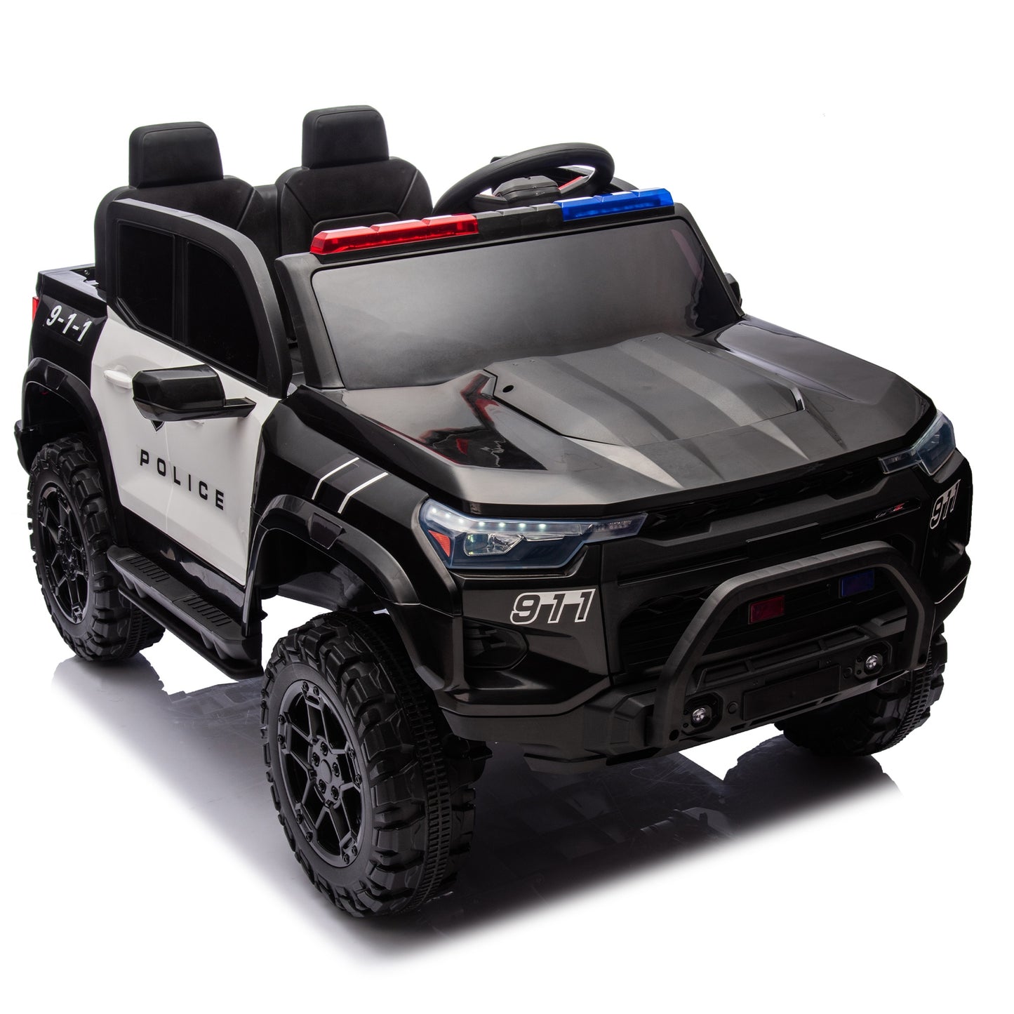 24V 2 Seater Ride on Police Car, 4WD Powered Ride on Toy Truck with Remote Control, Bluetooth, Music Player, 800W Motors, Back Box Storage, 3 Speeds, Kids Electric Vehicle for Boys Girls Gifts, Black