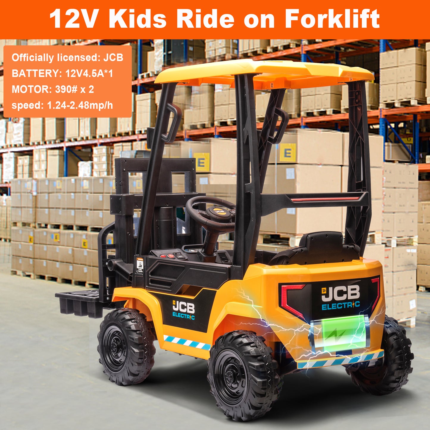 JCB 12V Ride on Forklift for Kids Ride on Car with Remote Control Ride on Toy for Toddler, 3 Speed, Electric Ride on Truck for 3-6 Boys and Girls