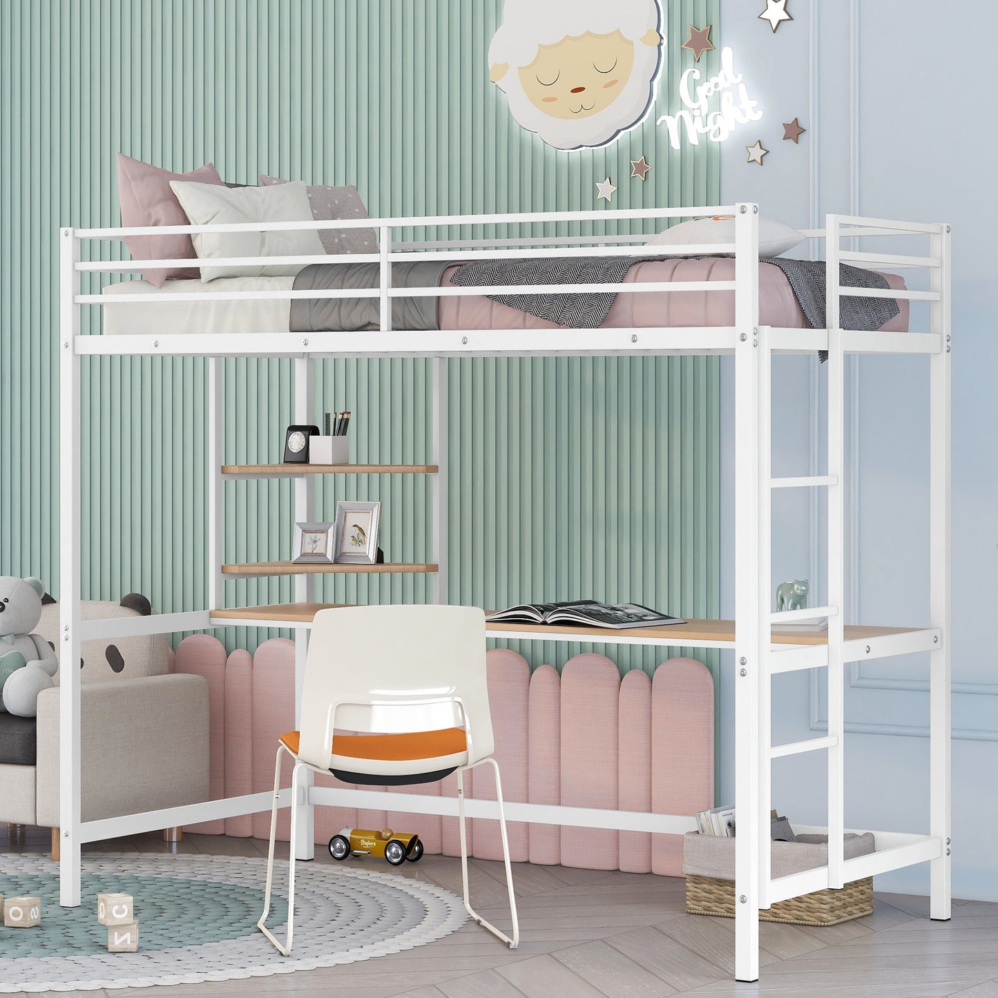 iRerts Twin Loft Bed, Twin Metal Loft Bed with Shelf and Desk, Twin Size Loft Bed with Safety Guardrail, Modern Twin Loft Bed Frame for Dorm Bedroom Guest Room, No Box Spring Needed, White