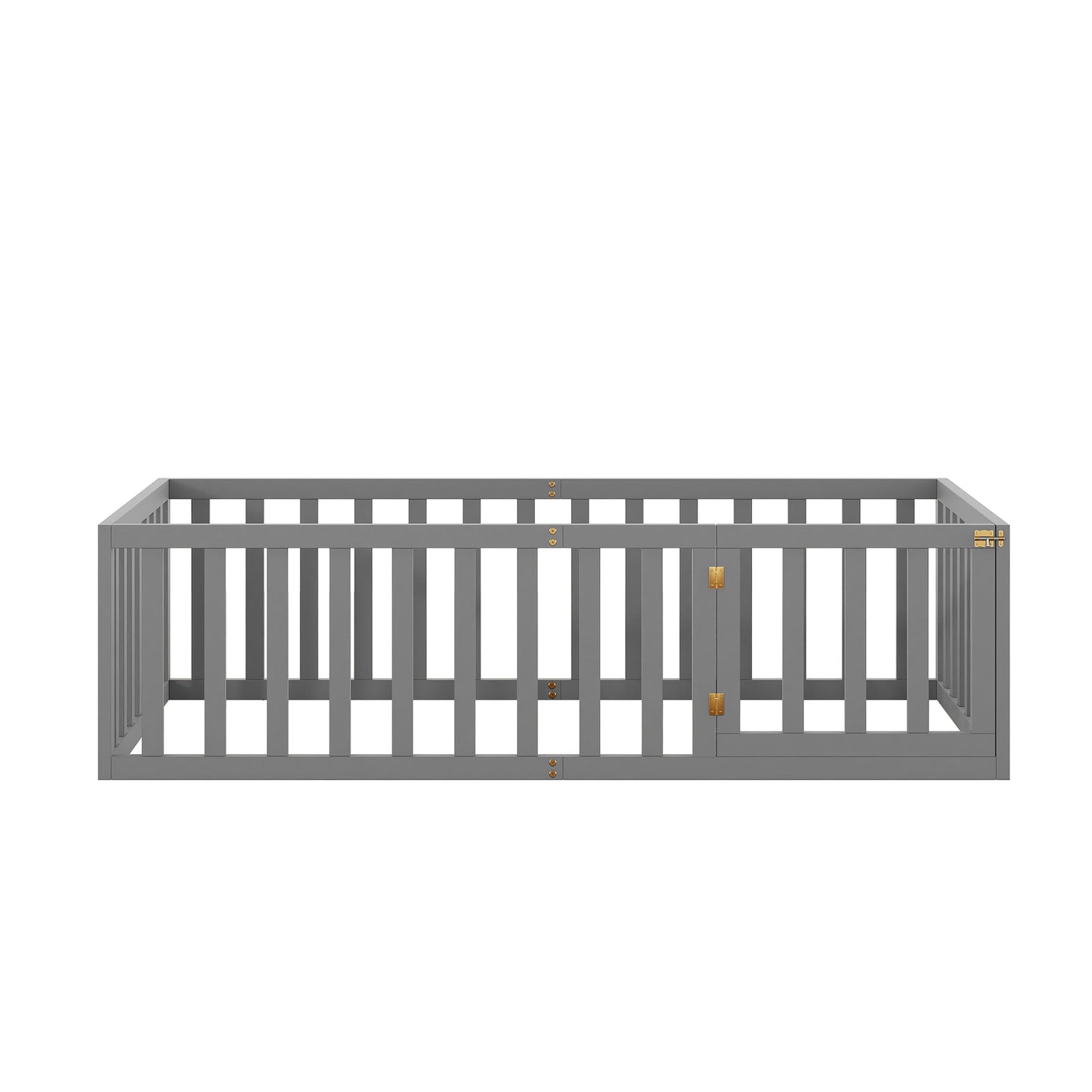 iRerts Twin Floor Bed Frame for Kids Toddlers, Wood Montessori Low Floor Twin Size Bed Frame with Fence Guardrail and Door, kids Twin Bed for Boys Girls, Spring Needed, Gray