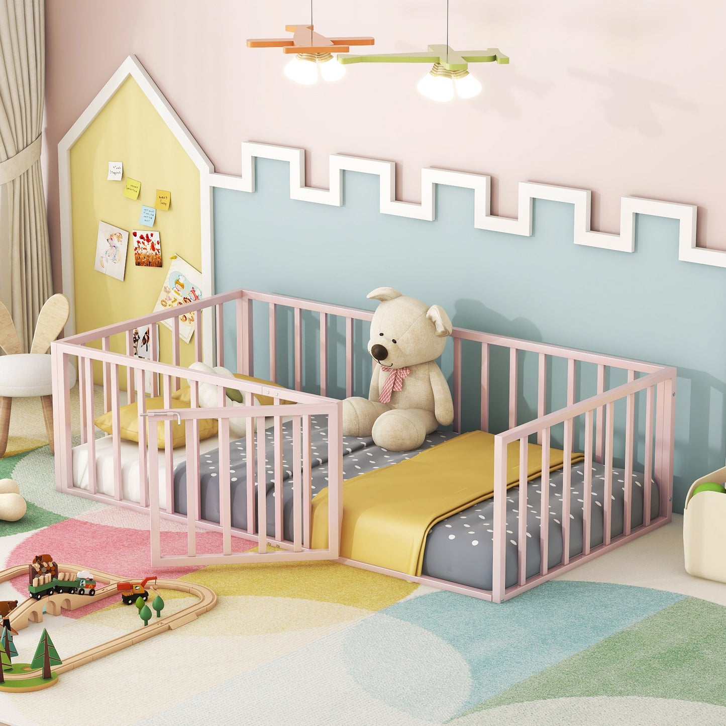 iRerts Twin Floor Bed Frame, Metal Twin Size Montessori Floor Bed Frame with Fence and Door, Kids Toddler Floor Bed Frame Twin Size for Girls Boys, Twin Bed Frame without Bed Slats, Pink