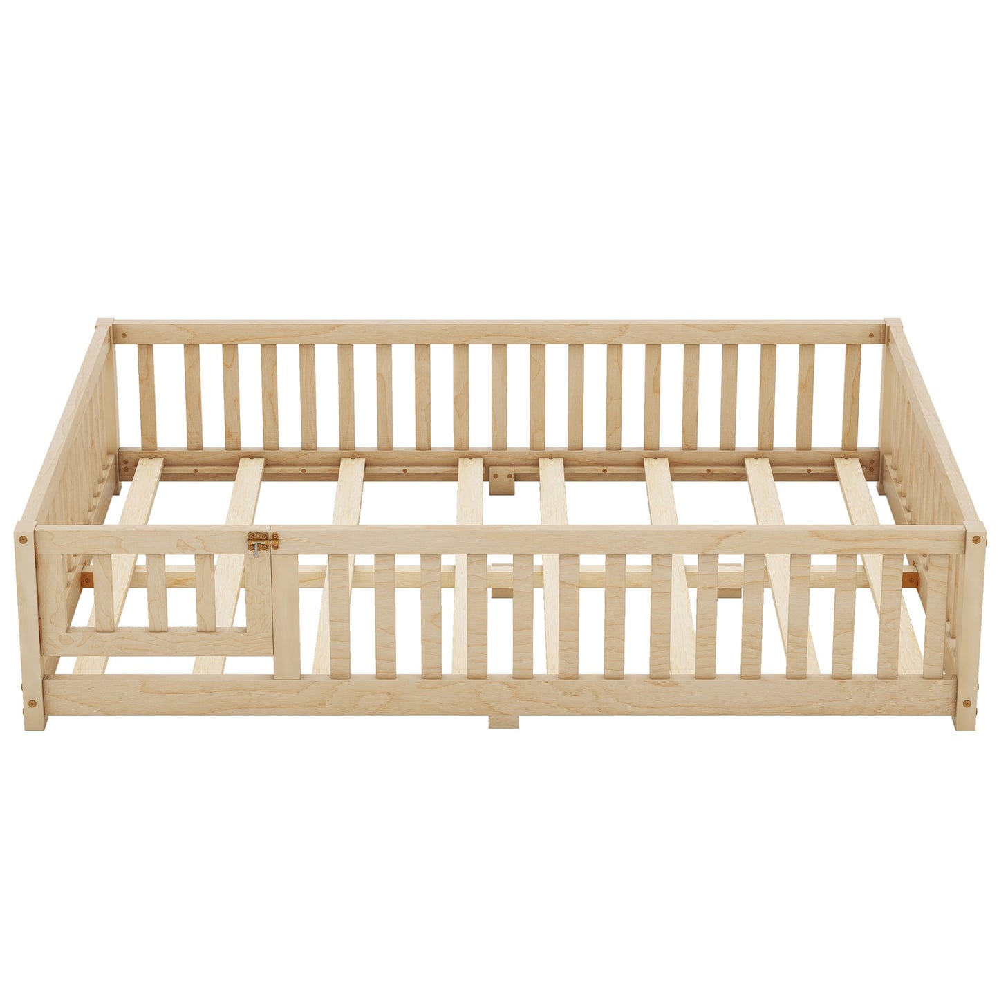 iRerts Full Floor Bed Frame for Toddlers Kids, Wood Full Montessori Bed Frame with Slats, Fence, Door, Kids Montessori Bed Full Size, Full Toddler Bed Frame for Boys Girls, Natural