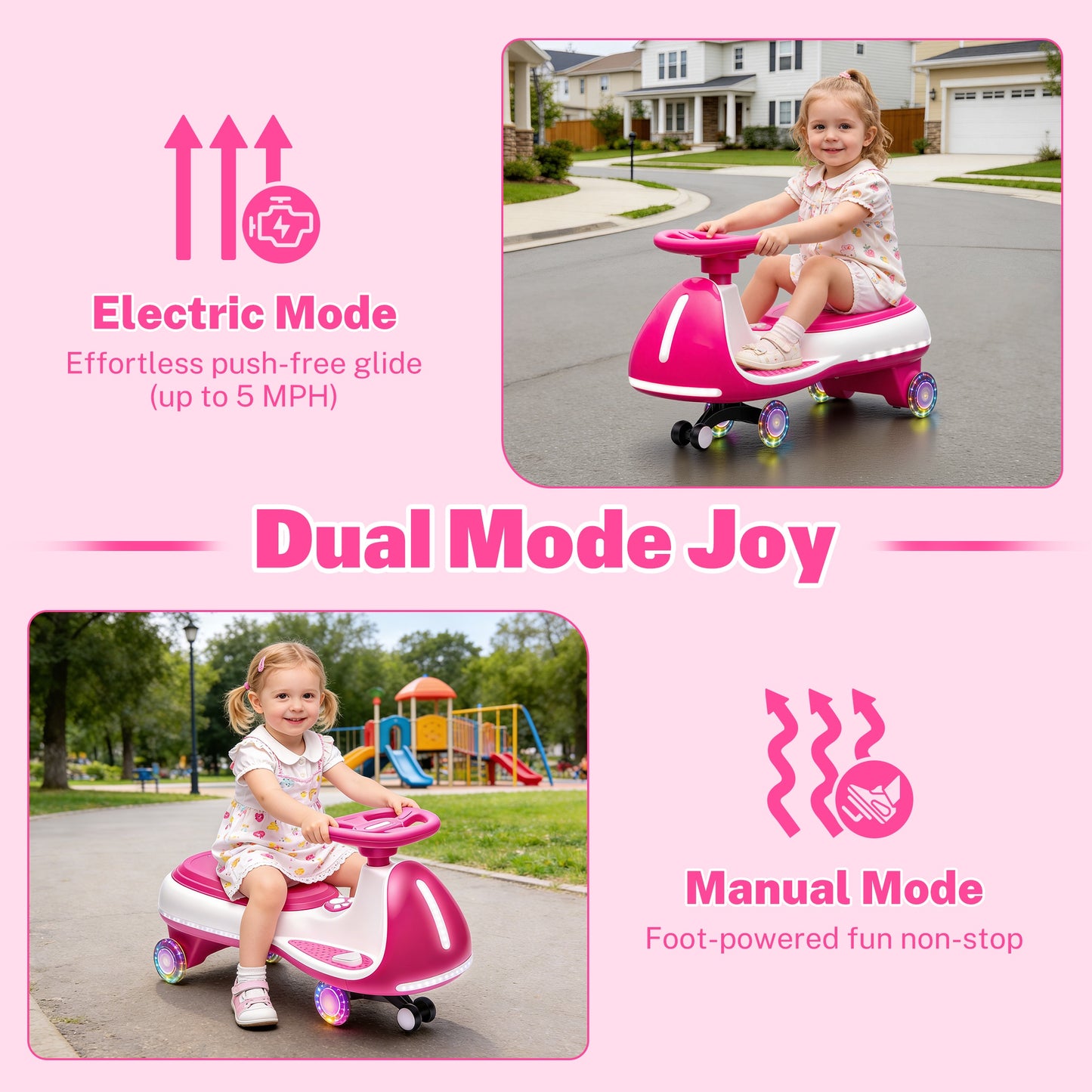 iRerts 12V Ride on Toys, Electric Ride on Wiggle Car with Pedal, 2 in 1 Swing Car Kids Wiggle Car for Toddlers Ages 3+, Kids Cars with Flashing PU Wheels, Bluetooth Music, 5MPH Max Speed, Rose Red