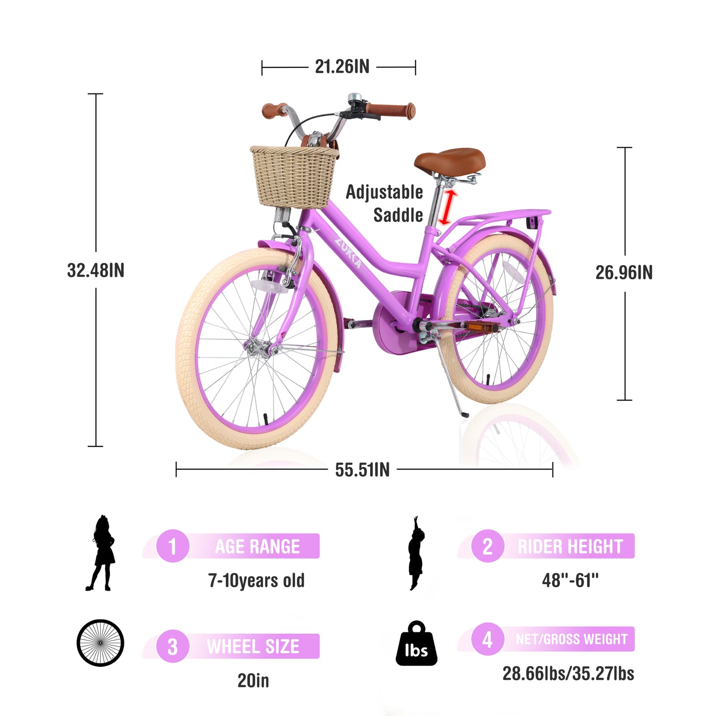 iRerts Girls Bike for 7-10 Years Old Kids, 20 Inch Bike with Basket, Brown Leather Saddle, Coaster Brakes, Retro Style Girls Bicycle Kids Cycle Bikes, Kids Bicycle for Gifts, Pink Purple