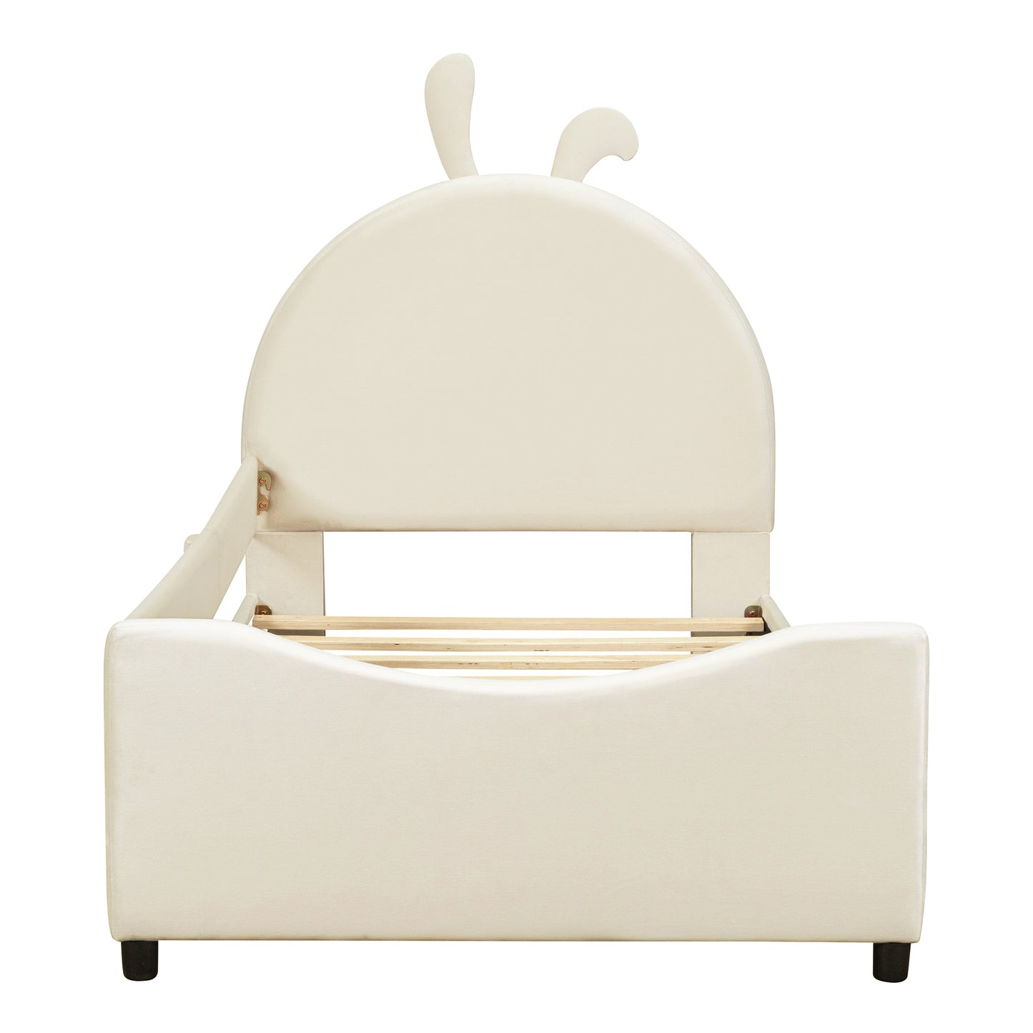 iRerts Upholstered Twin Daybed Frame for Kids, Velvet Twin Platform Bed Frame with Rabbit Ear Shaped Headboard and Footboard, Wood Twin Size Sofa Bed for Girls Boys, Beige