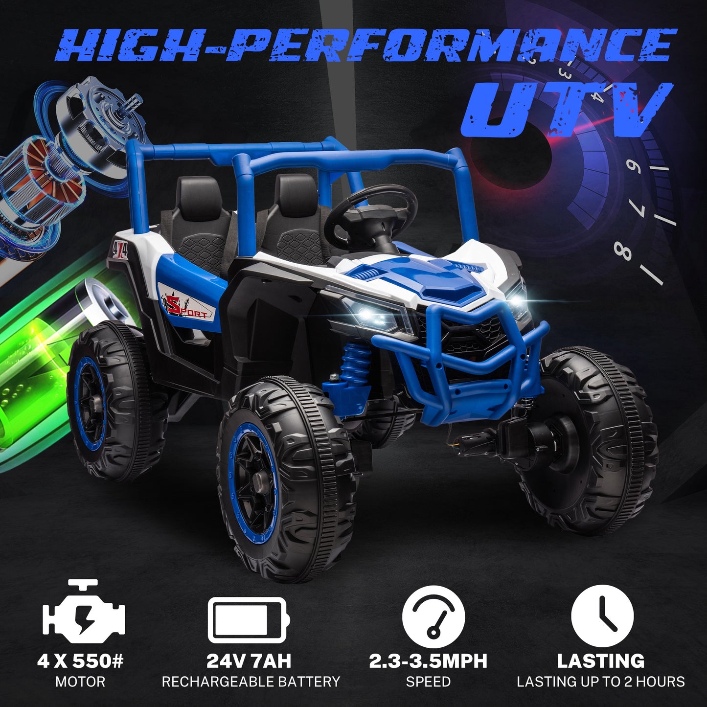 iRerts 24V Ride on UTV Cars 2 Seater, Kids Electric Ride on Toy Car with Remote Control, Music, LED Light, USB, Bluetooth, Kids Electric Vehicle for Christmas Birthday Gifts, Blue