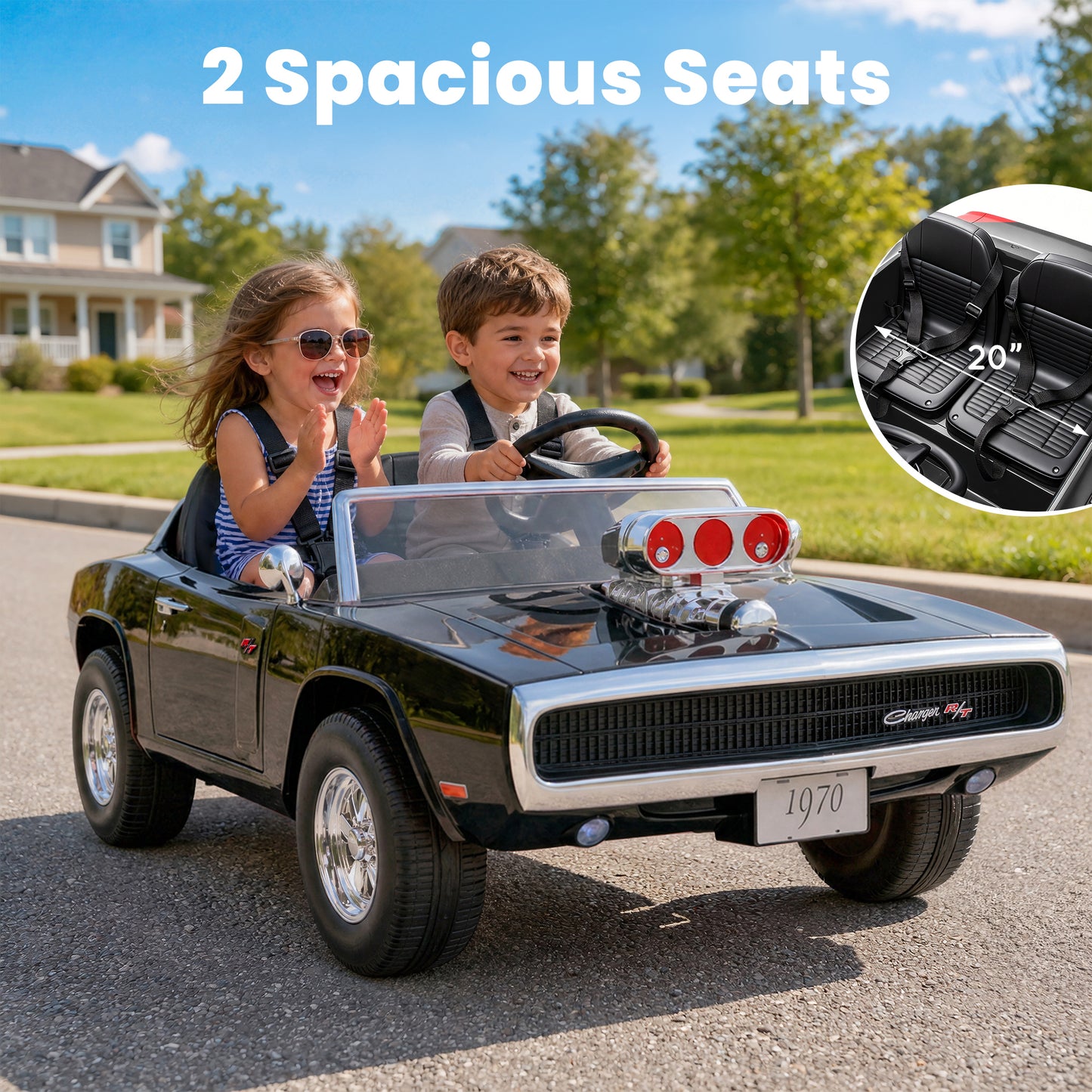 Dodge 24V 2 Seater Ride on Car with Remote Control/Bluetooth, Dodge Charger R/T 1970 Battery Powered Ride on w/4-Wheel Suspension, Electric Car for Kids Toddler