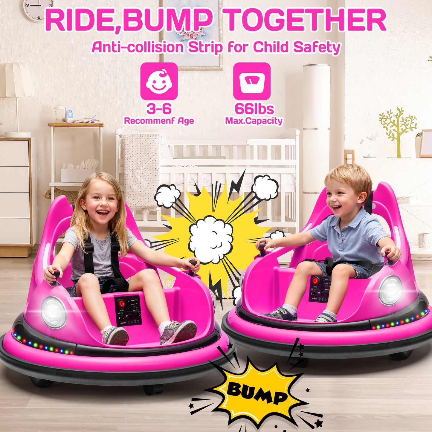 iRerts 12V Bumper Cars for Kids, Bumper Car Ride on with Remote Control, Battery Powered Kids Ride on Toys for 2-5 Year Old Boys Girls, Kids Electric Cars with Bluetooth, Music, LED Light, Pink
