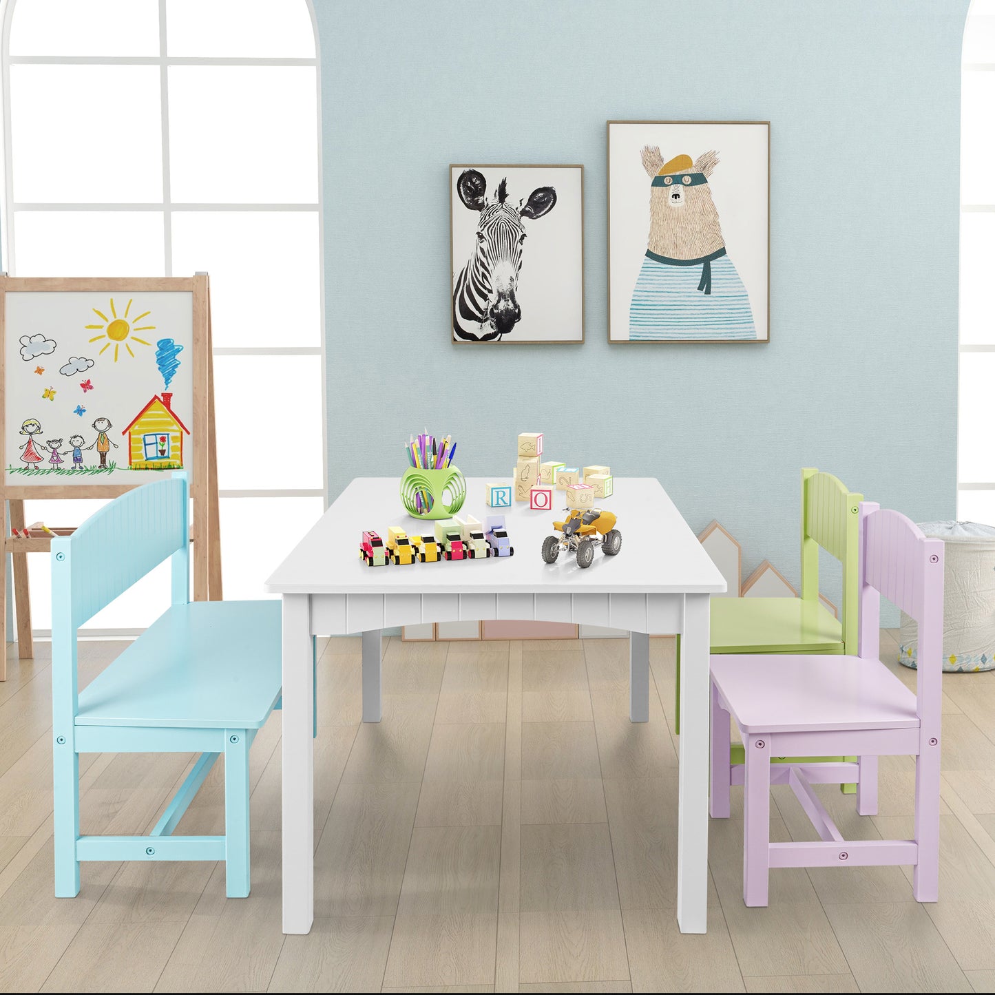 iRerts Kids Table and Chairs Set 5 Piece, Wooden Table and 4 Chairs with Storage Function for Children Toddler, Gray and White