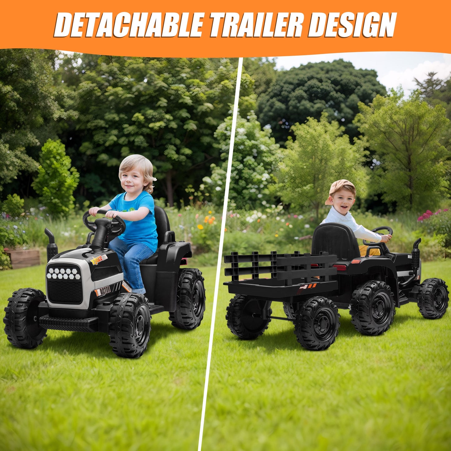 Powered Ride on Toy Tractor, 24V Kids Ride on Car with Remote Control, Electric Vehicles for Kids Toddlers 3-6 Years with 3 Speeds, Bluetooth, Music Player, LED Light, Rear Wheel Suspension, Black