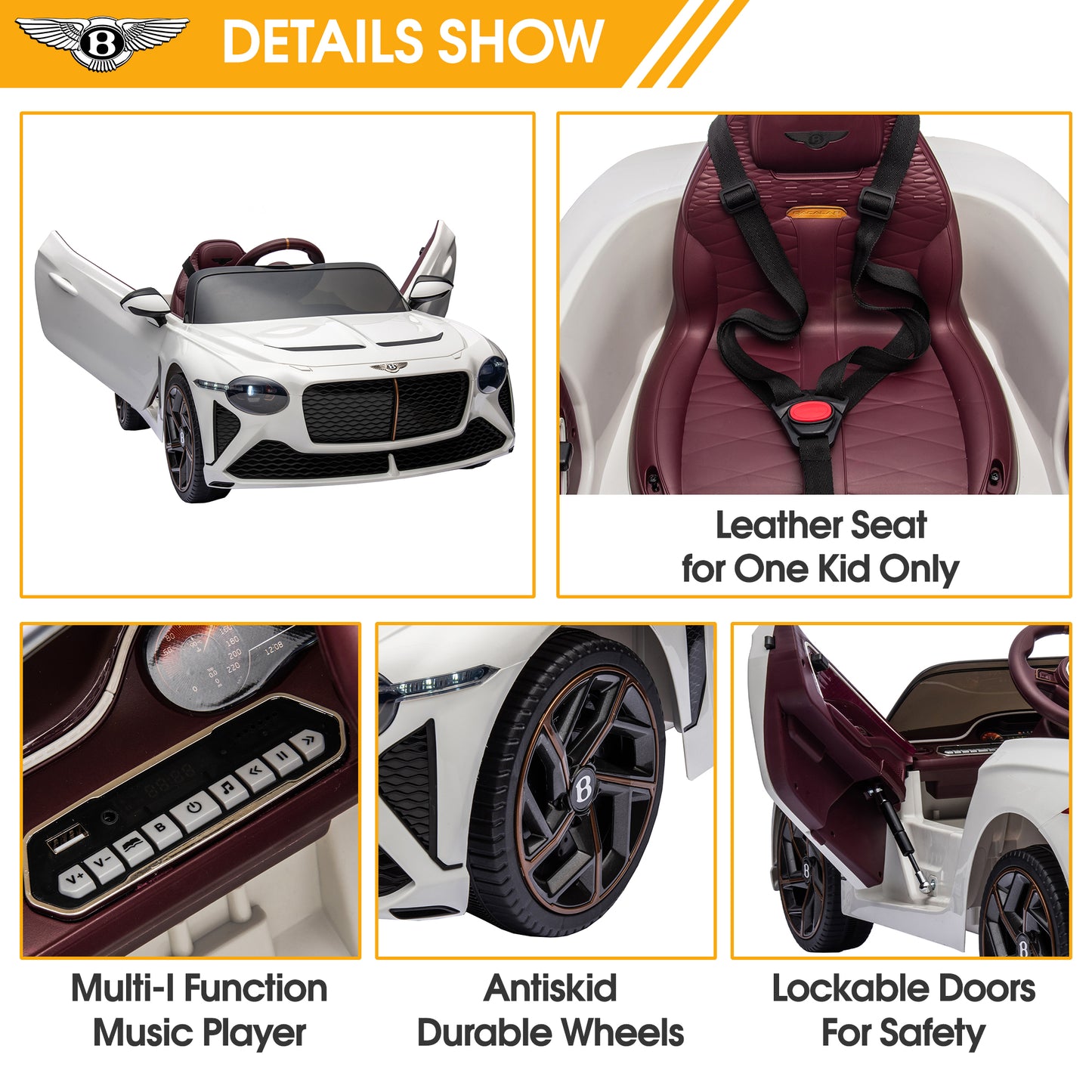 Kids Electric Car for Boys Girls Gift, Licensed Bentley Mulsanne 12V Ride On Cars with Remote Control, Battery Powered Ride On Toys with Bluetooth, USB, MP3, LED Light, White