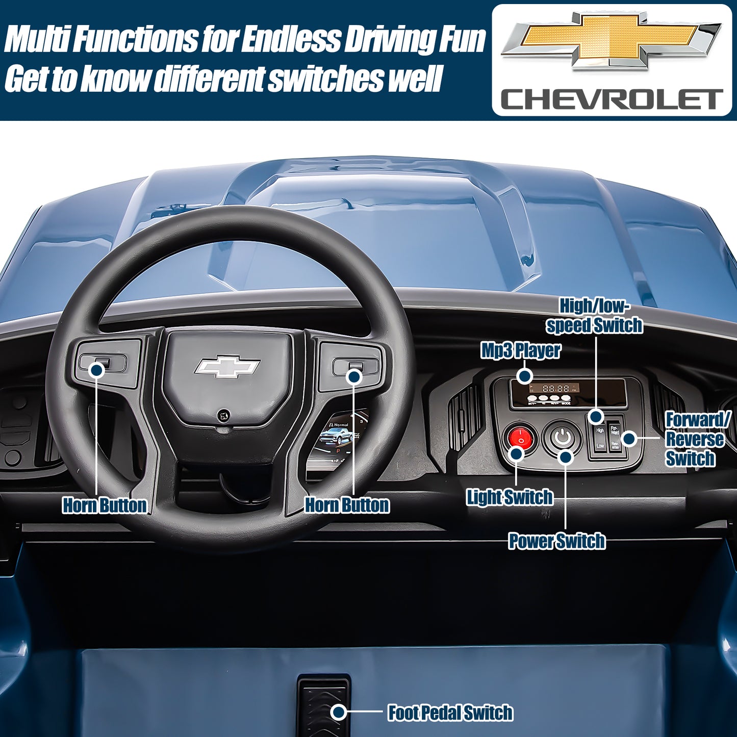 2 Seater 24V Ride on Cars with Remote Control, Licensed Chevrolet Silverado Kids Ride on Truck for Boys Girls Birthday Christmas Gifts, Battery Powered Kids Electric Cars with LED Lights, Music, Blue