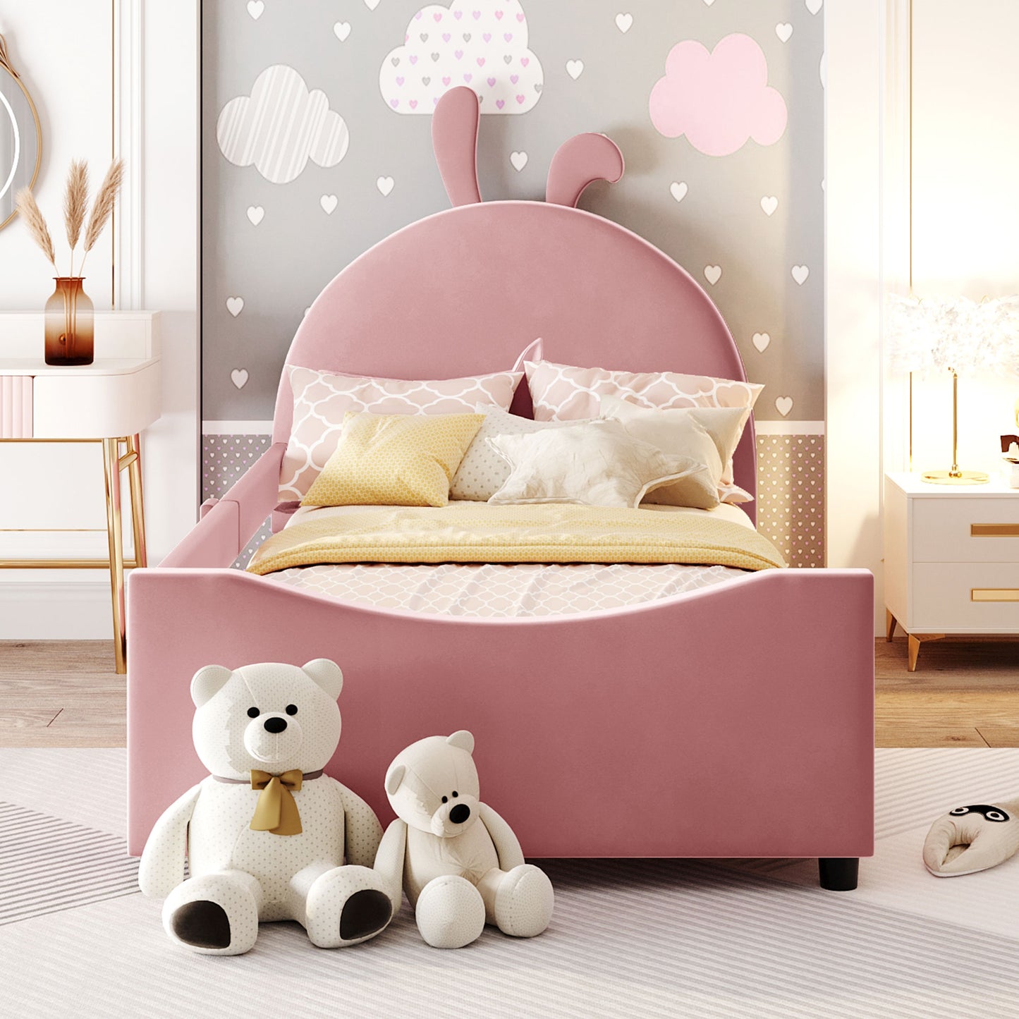 iRerts Upholstered Twin Daybed Frame for Kids, Velvet Twin Platform Bed Frame with Rabbit Ear Shaped Headboard and Footboard, Wood Twin Size Sofa Bed for Girls Boys, Pink