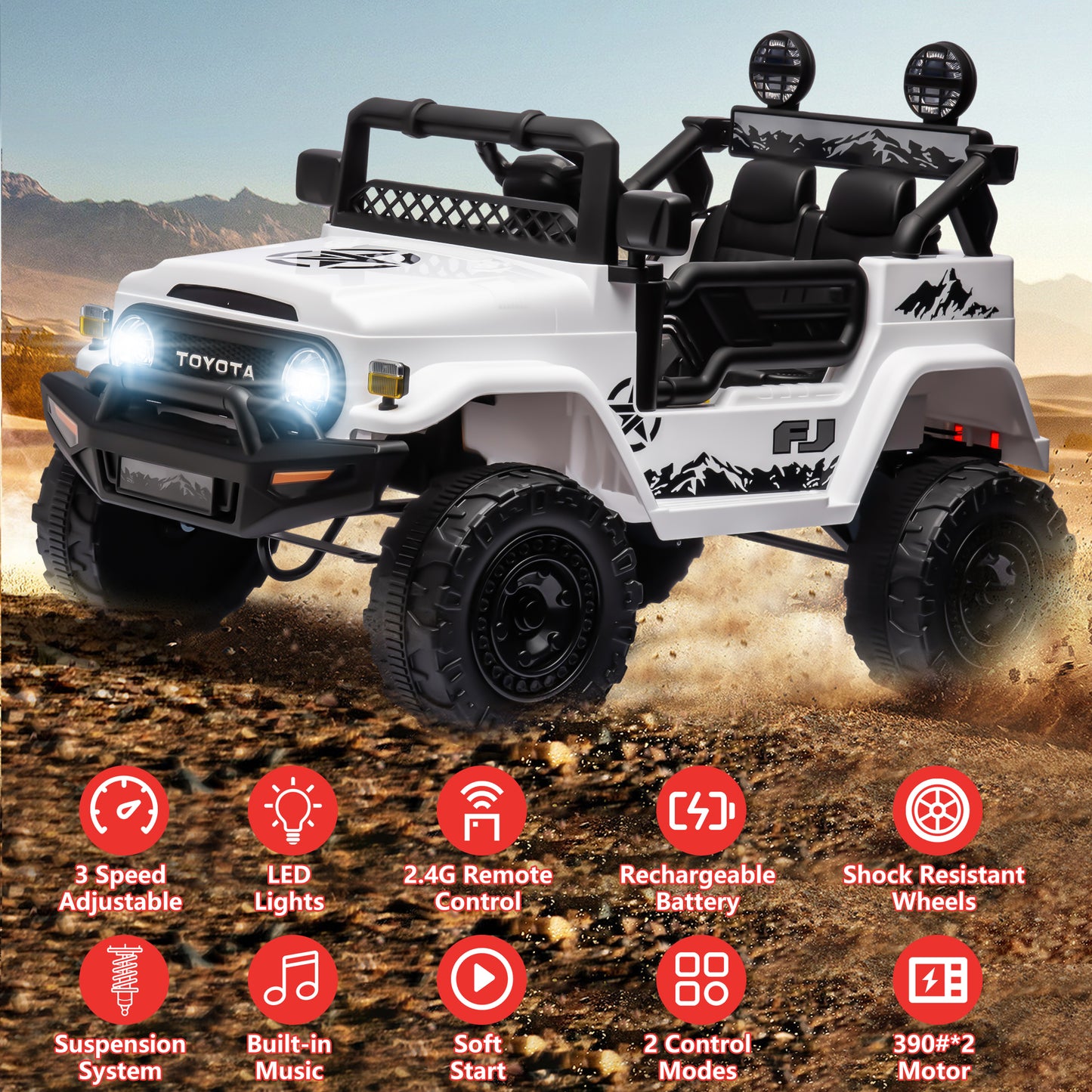 Ride on Toys for Kids, Licensed Toyota FJ Cruiser 12V Kids Ride on Truck Cars with Remote Control, Battery Powered Kids Electric Car Vehicle for Boys Girls Gifts with MP3, Bluetooth, USB, White