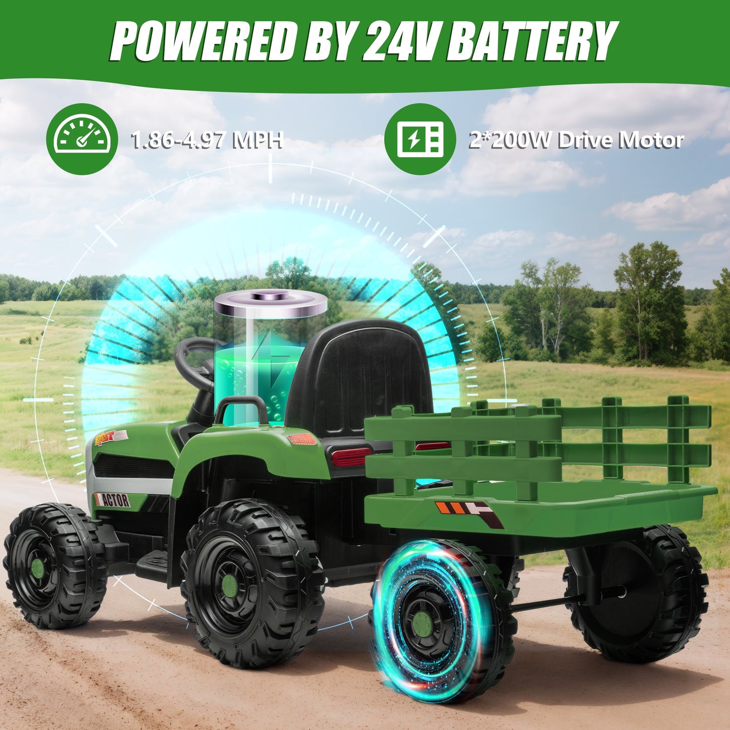 Powered Ride on Toy Tractor, 24V Kids Ride on Car with Remote Control, Electric Vehicles for Kids Toddlers 3-6 Years with 3 Speeds, Bluetooth, Music Player, LED Light, Rear Wheel Suspension, Emerald