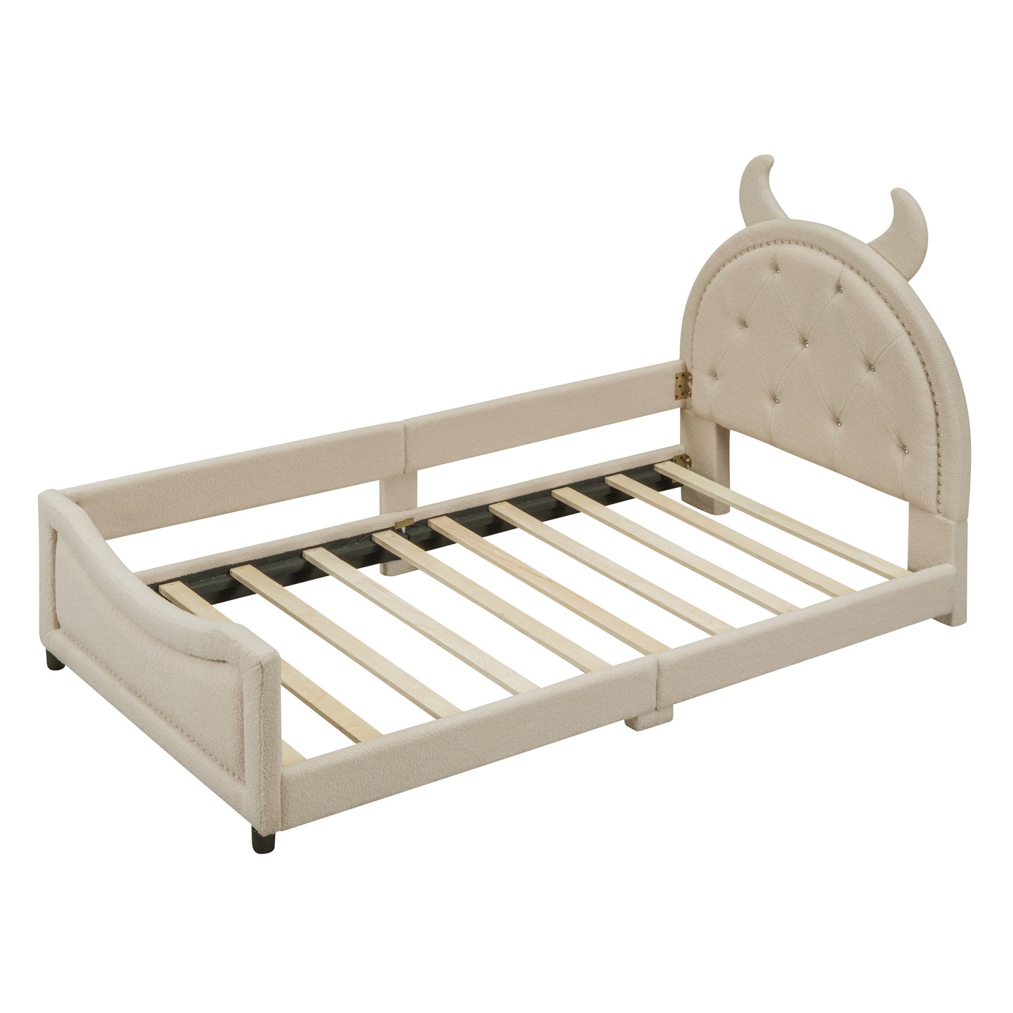 iRerts Twin Size Upholstered Daybed Frame for Kids, Teddy Fleece Twin Platform Bed Frame with OX Hor Shaped Headboard and Footboard, Wood Twin Size Sofa Bed for Girls Boys, Beige