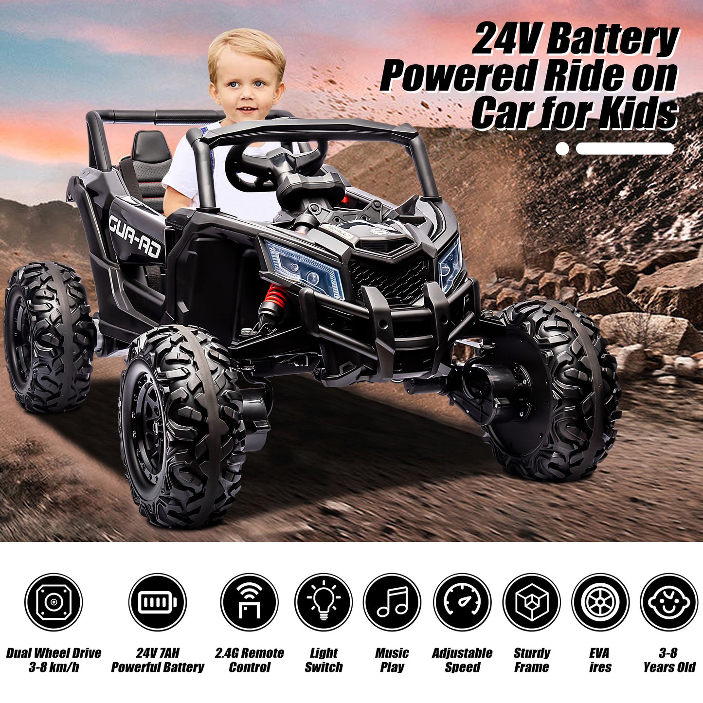 iRerts Black 24V Battery Powered Ride on UTV Cars for Boys Girls, Kids Ride on Toys with Remote Control, Music, LED Light, USB, Bluetooth, Large Seat Kids Electric Vehicle for Christmas Birthday Gifts