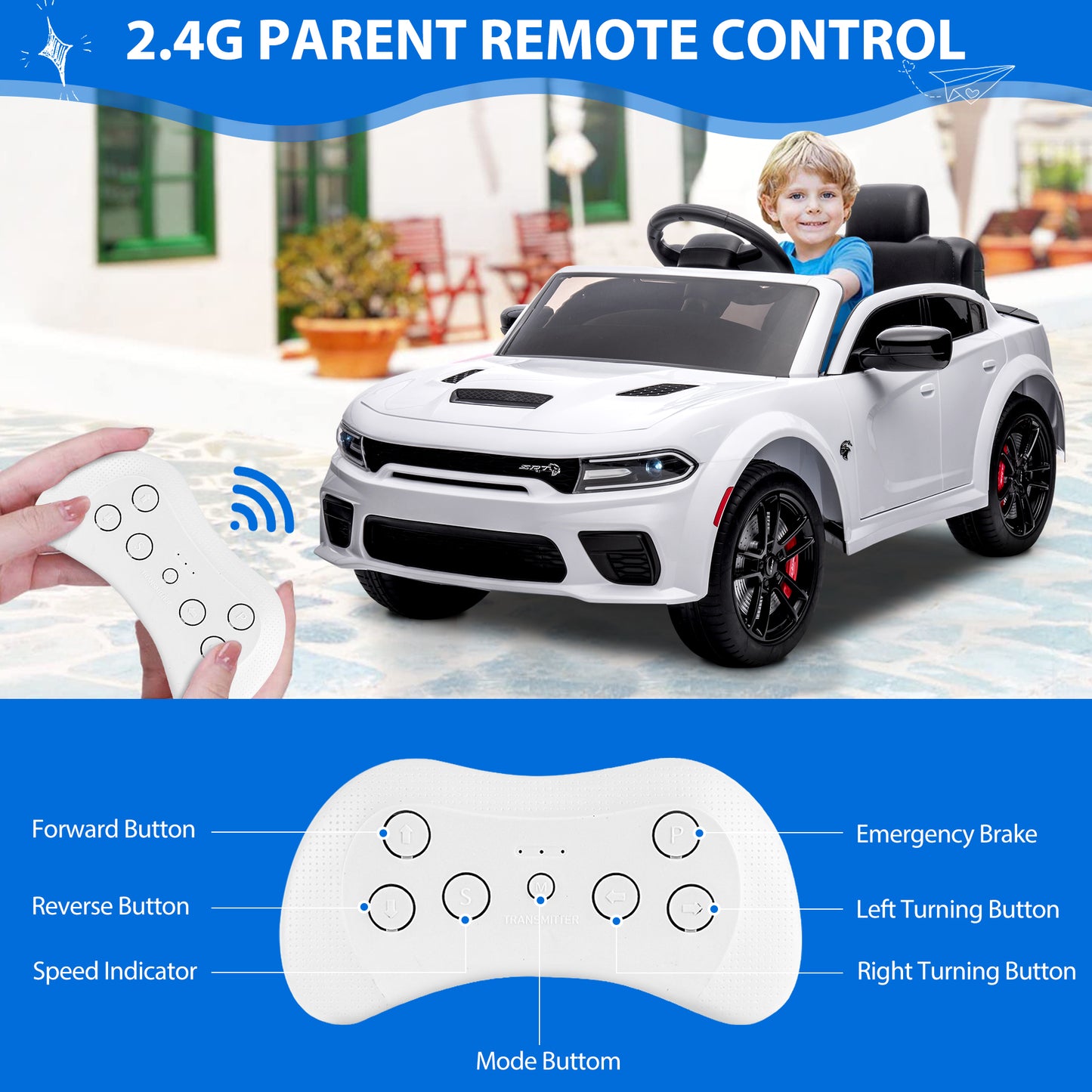 iRerts 12V White Dodge Charger Ride On Cars with Remote Control,  Kids Ride on Toys with Bluetooth, Music, LED Light, USB, MP3, 4 Wheel Suspension, Electric Cars for Kids Boys Girls Birthday Gifts