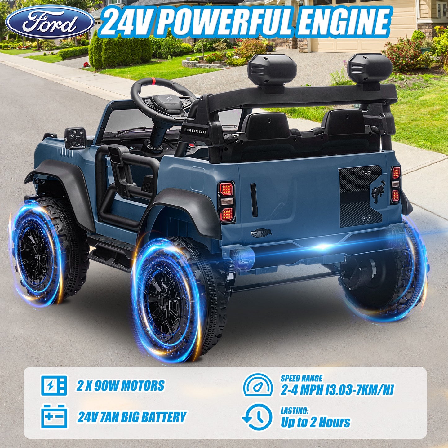 24V 2 Seater Ride on Toy Car, Licensed Ford Bronco Raptor Ride on Trucks with Remote Control, Bluetooth Music Player, Spring Suspension, Battery Powered Electric Car for Kids Boys Girls Ages 3-8, Blue