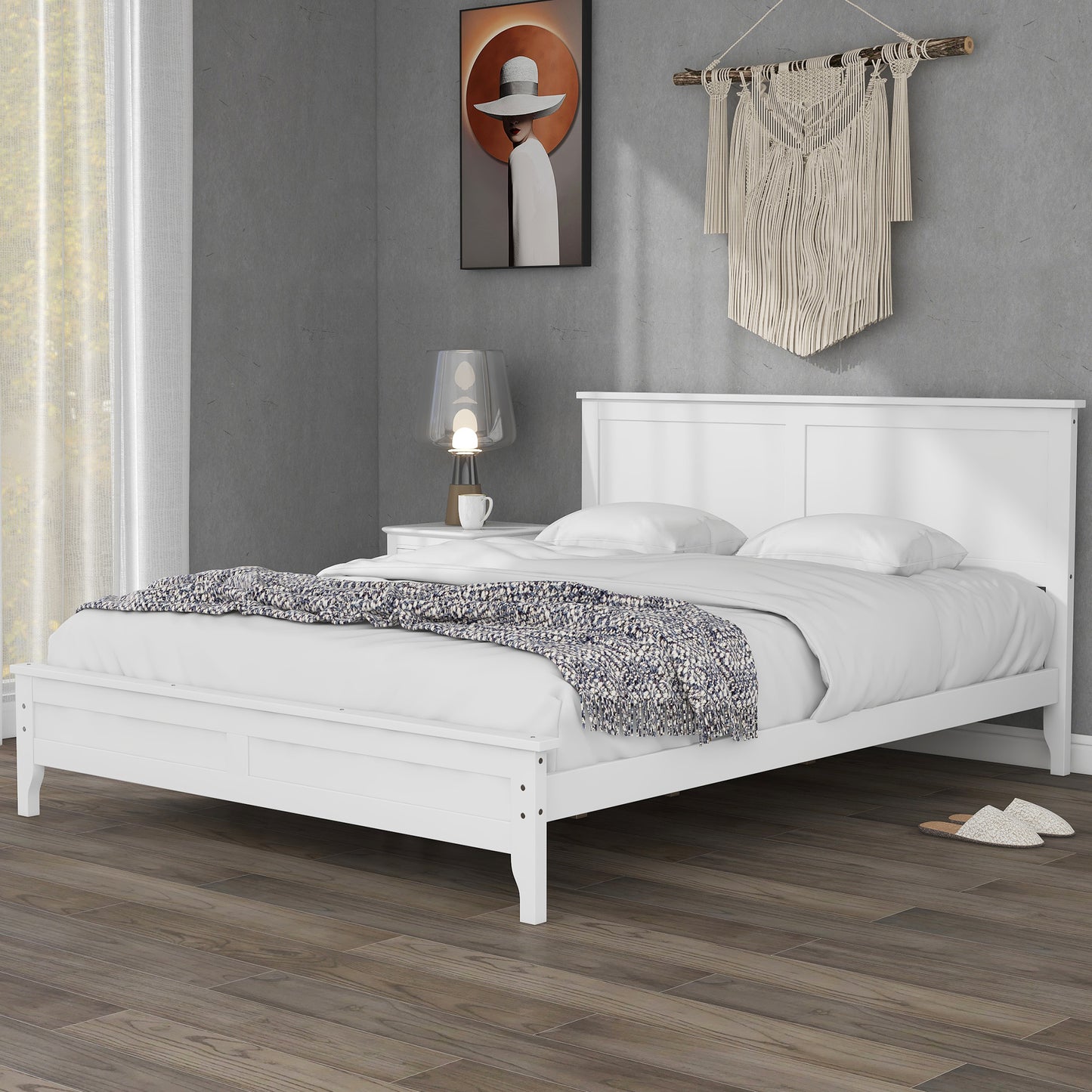 iRerts Queen Platform Bed Frame with Headboard and Footboard, Solid Wood Bed Frames Queen Size with Slats Support, Oak Top, Modern Queen Bed Frame No Box Spring Needed for Kids Adults, White
