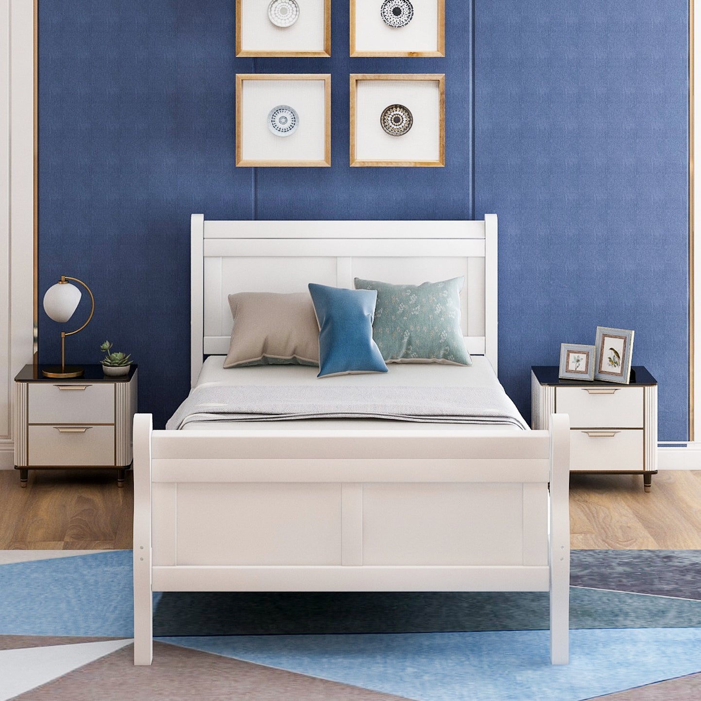iRerts Wood Twin Platform Bed Frame, Modern Twin Bed Frame with Headboard, Twin Size Wood Platform Bed with Wooden Slat Support, No Box Spring Needed, Easy Assembly, White